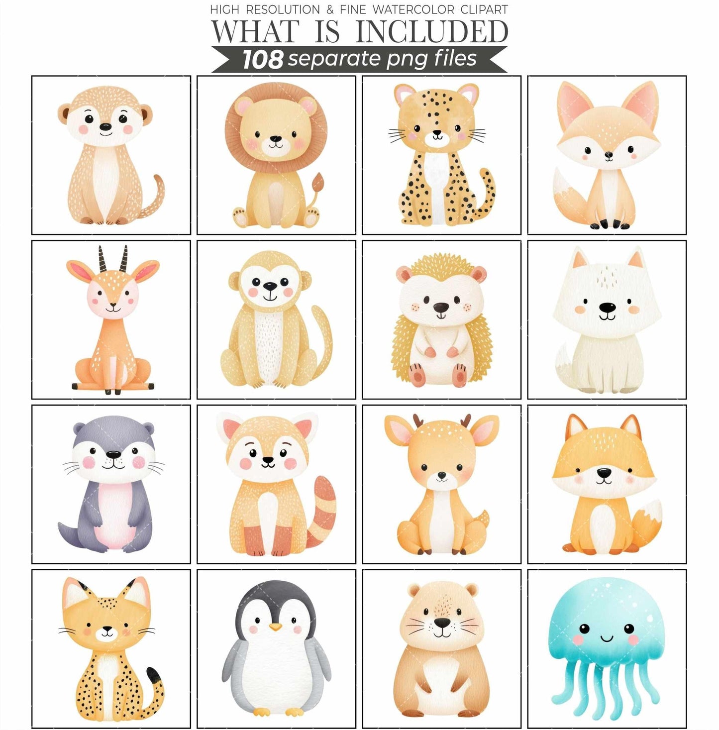 Watercolor Baby Animals Clipart Bundle Nursery Art PNG (Digital Download)