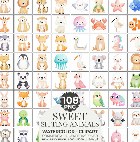 Watercolor Baby Animals Clipart Bundle Nursery Art PNG (Digital Download)