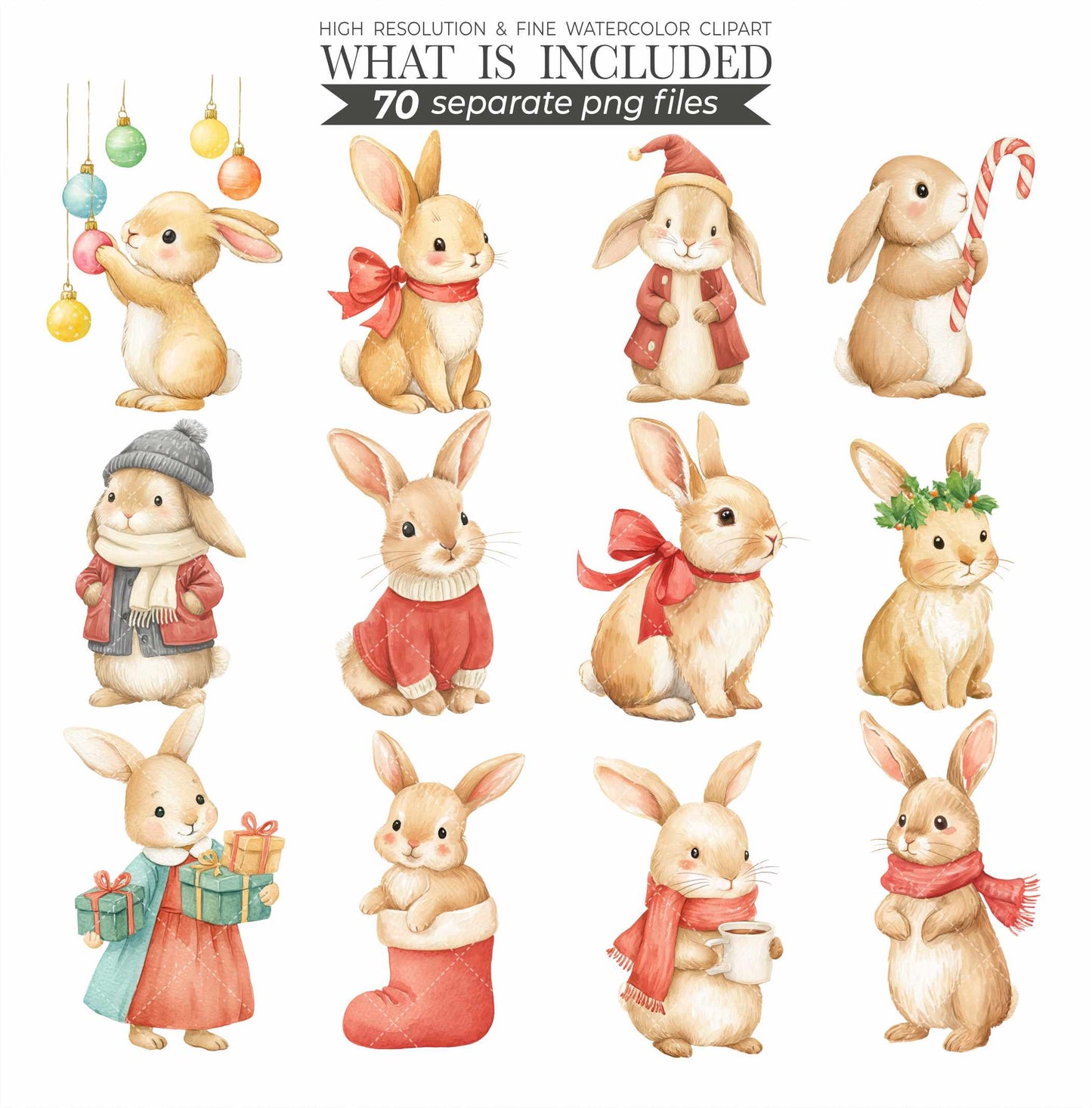 Christmas Bunny Watercolor Clipart: Festive Holiday Graphics (Digital Download, Commercial Use)
