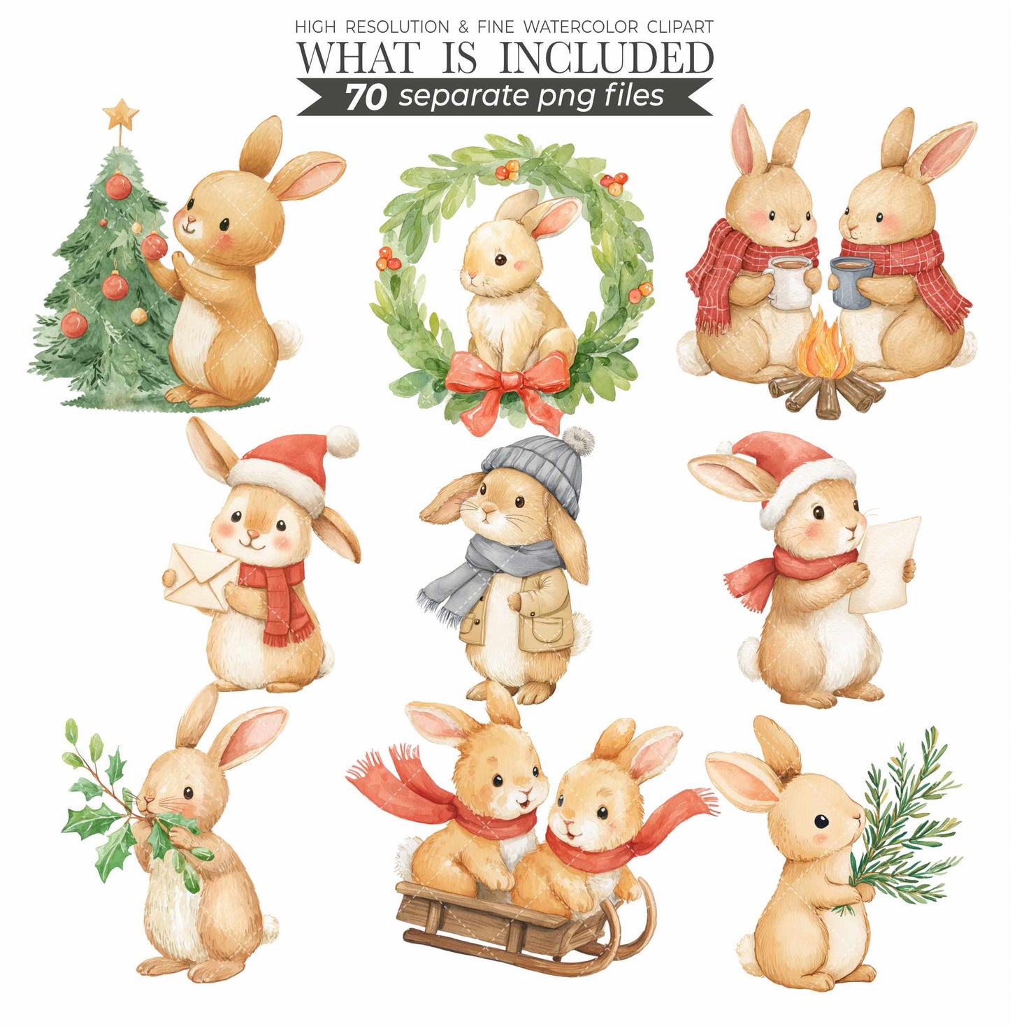 Christmas Bunny Watercolor Clipart: Festive Holiday Graphics (Digital Download, Commercial Use)
