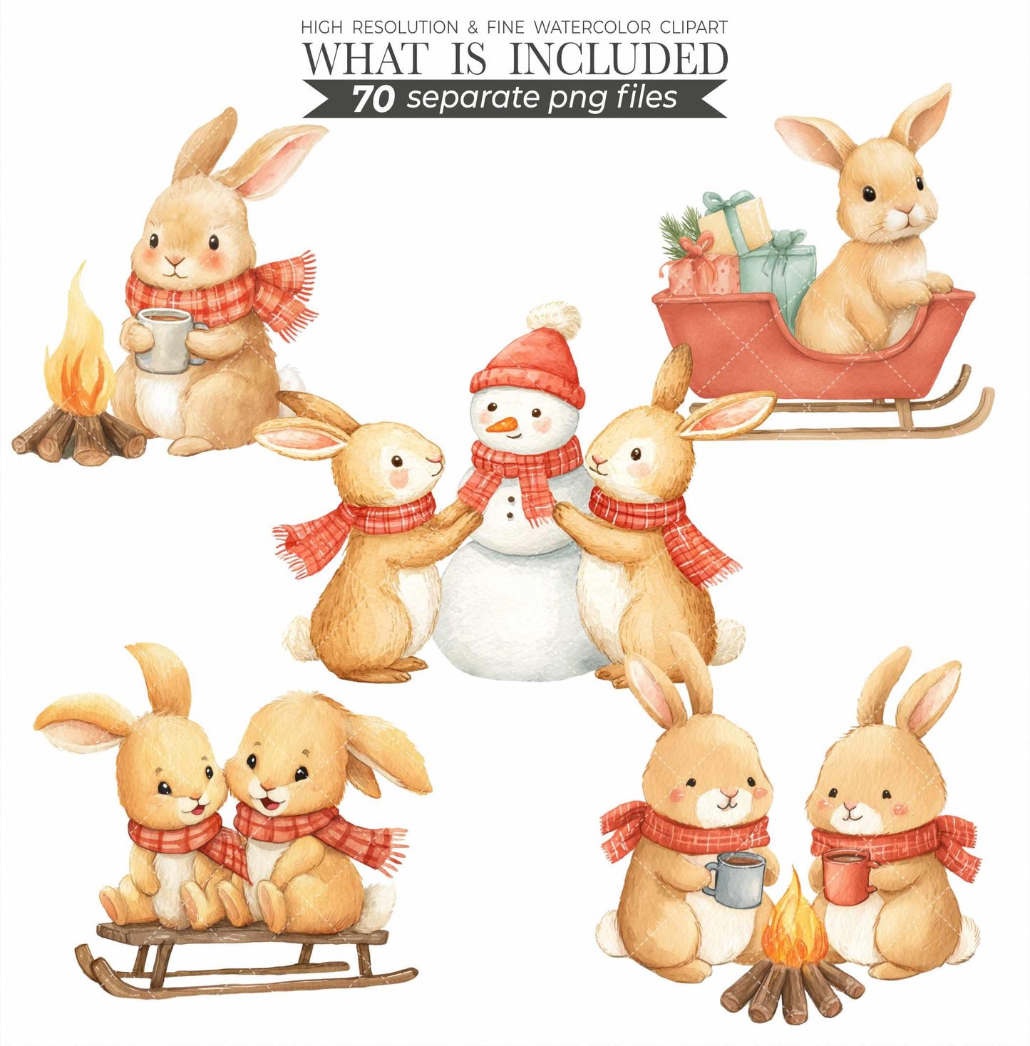 Christmas Bunny Watercolor Clipart: Festive Holiday Graphics (Digital Download, Commercial Use)