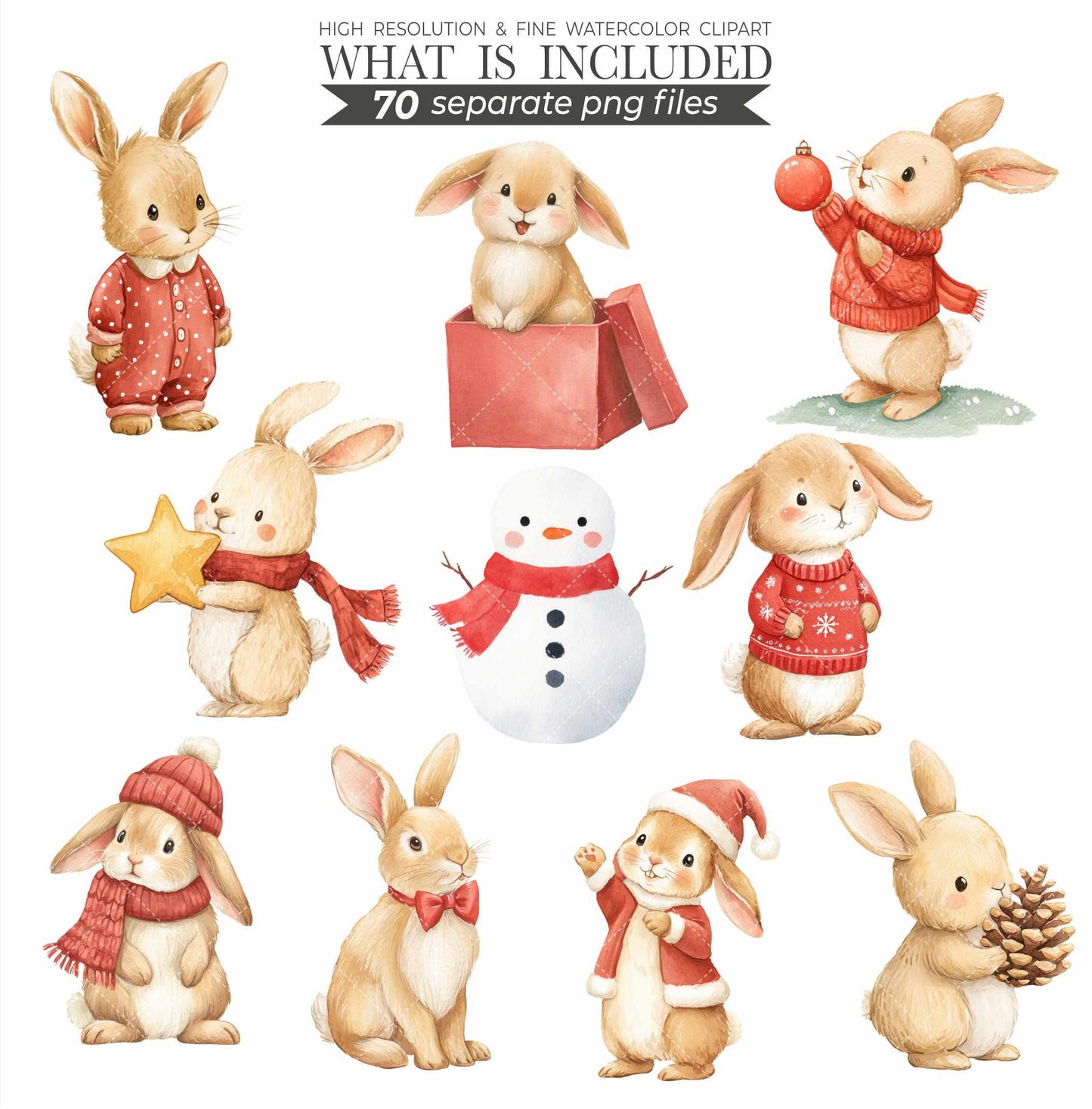 Christmas Bunny Watercolor Clipart: Festive Holiday Graphics (Digital Download, Commercial Use)