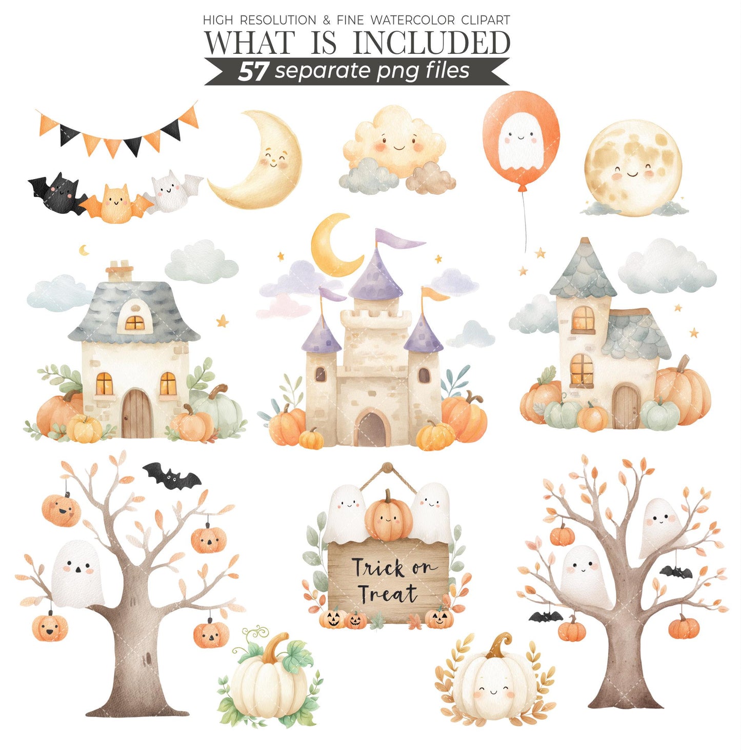 Watercolor Halloween Clipart Bundle: Pastel Ghosts, Pumpkins,  Halloween Kids  (Digital Download, 114 PNGs)