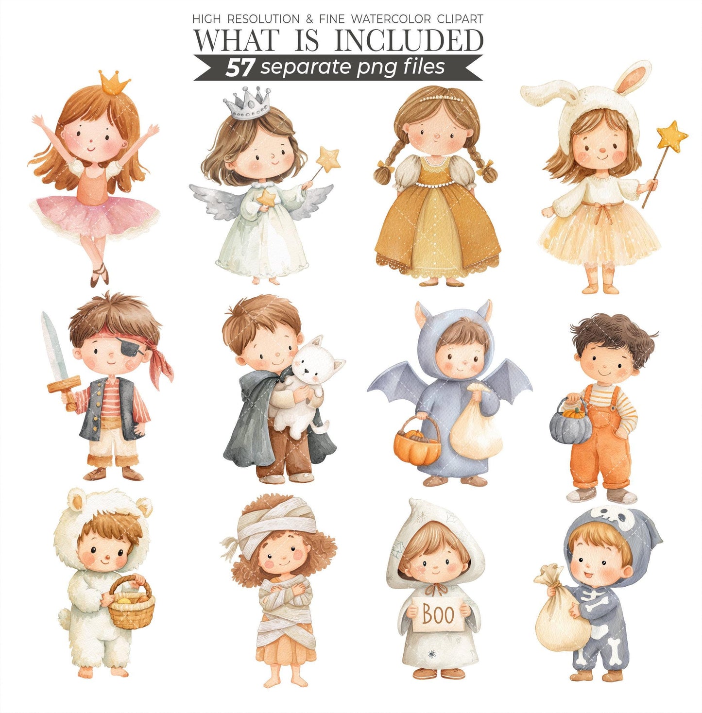 Watercolor Halloween Clipart Bundle: Pastel Ghosts, Pumpkins,  Halloween Kids  (Digital Download, 114 PNGs)