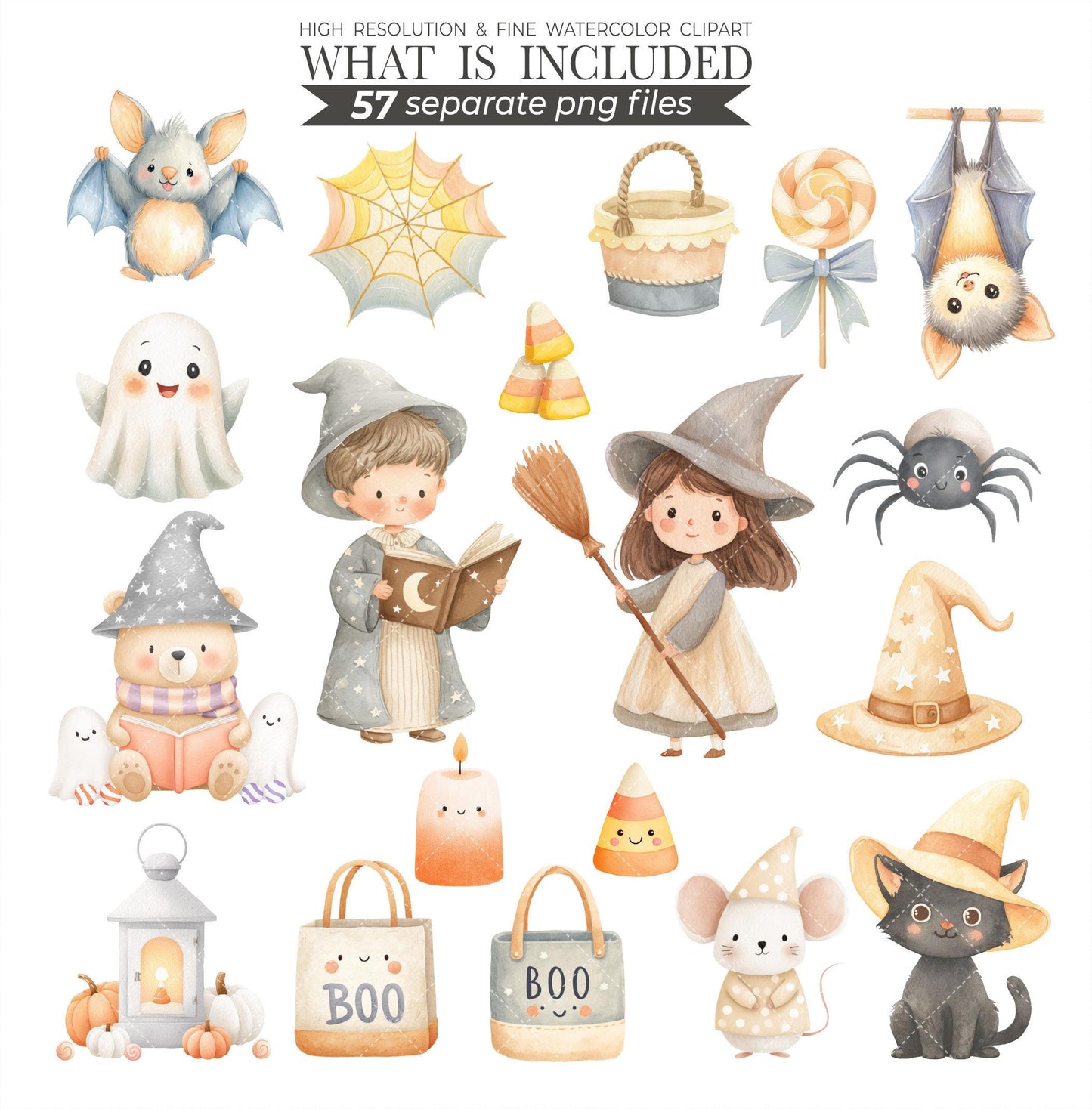 Watercolor Halloween Clipart Bundle: Pastel Ghosts, Pumpkins,  Halloween Kids  (Digital Download, 114 PNGs)