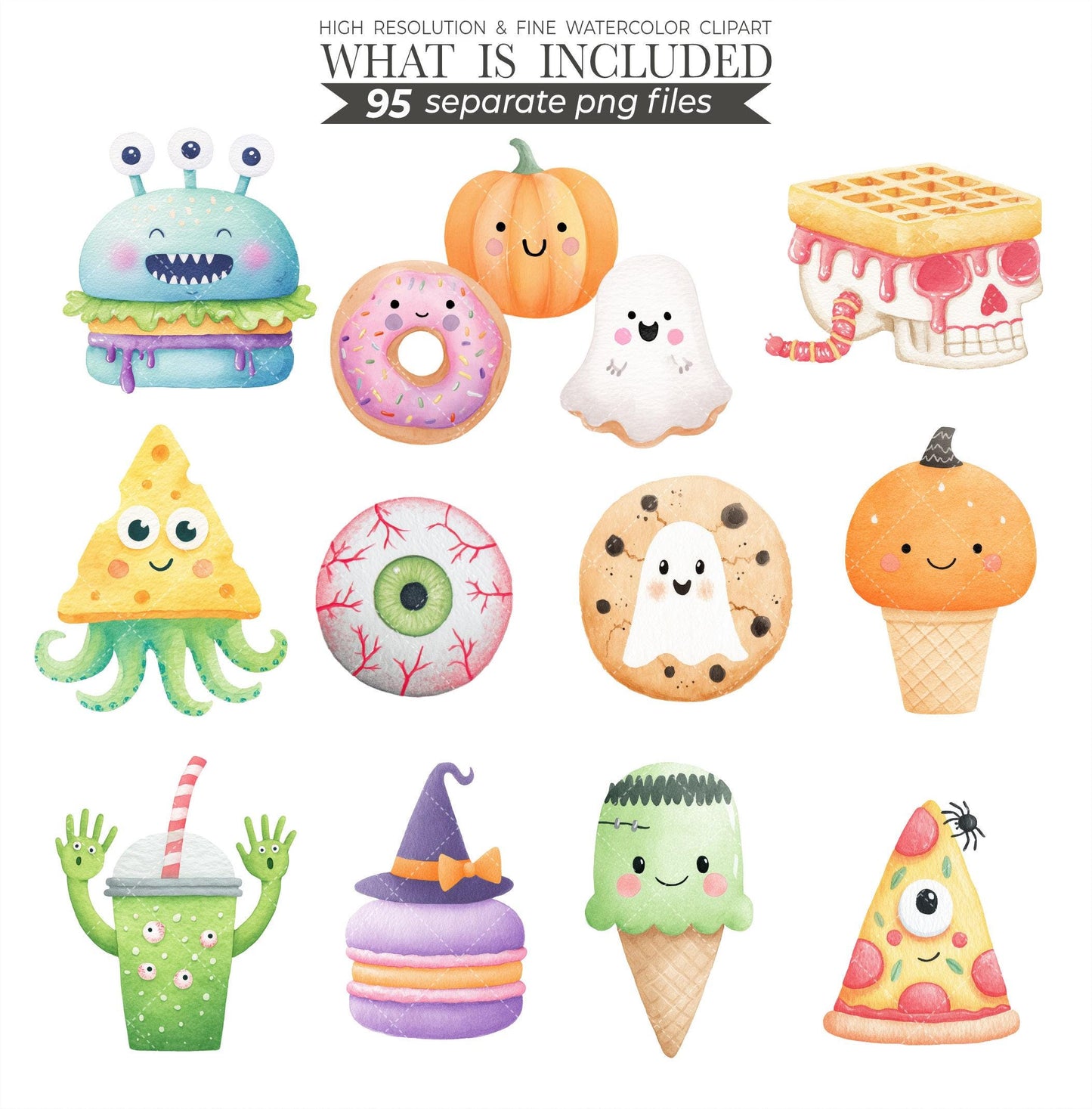 Halloween Treats Clipart: Watercolor Cookies, Ghost, Pumpkin (PNG Digital Download)
