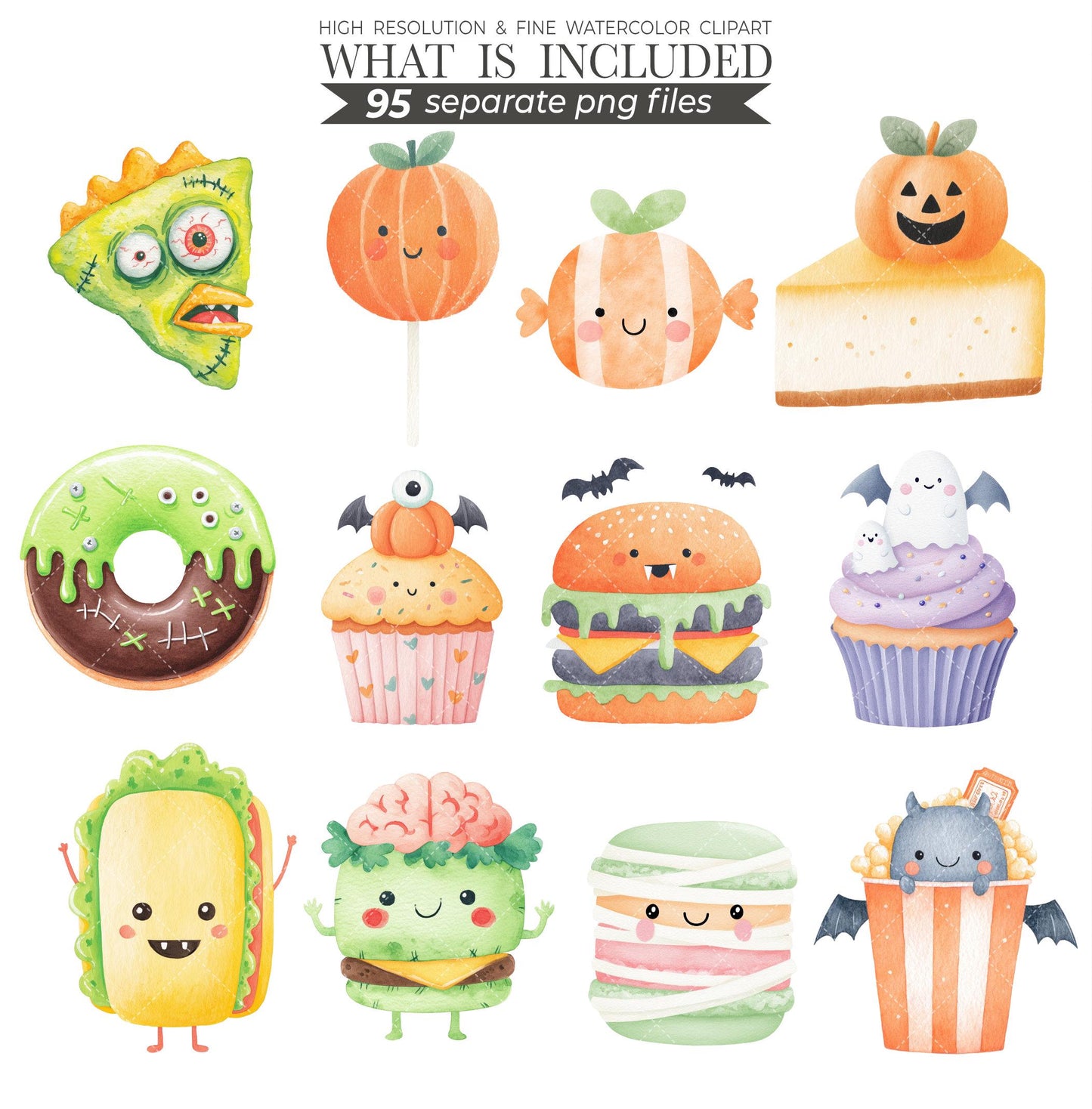 Halloween Treats Clipart: Watercolor Cookies, Ghost, Pumpkin (PNG Digital Download)