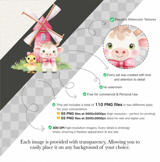 Watercolor Farm Clipart Set: Pink Barn, Animals (110 PNG Files) (Commercial Use) (Digital Download