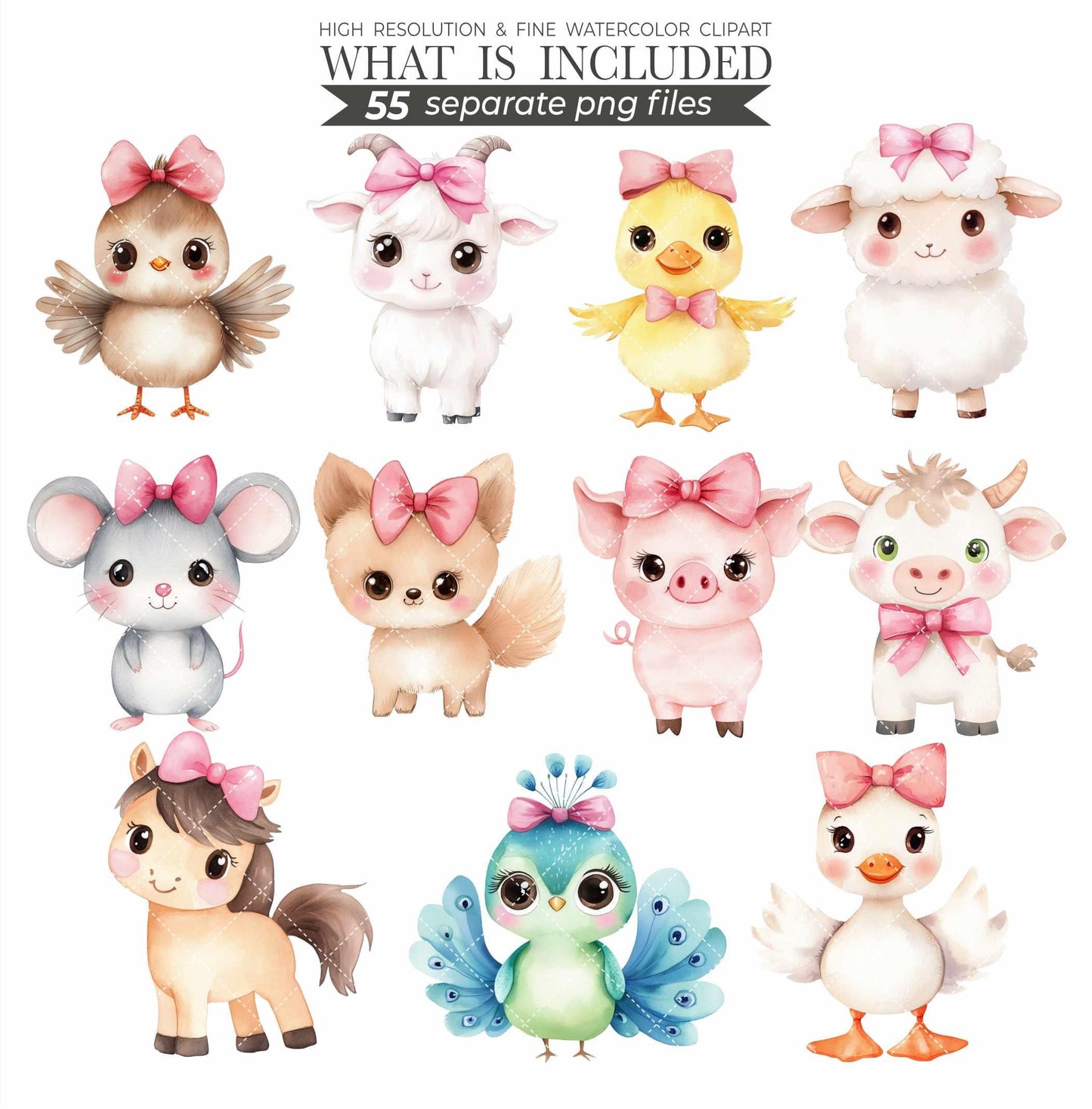 Watercolor Farm Clipart Set: Pink Barn, Animals (110 PNG Files) (Commercial Use) (Digital Download
