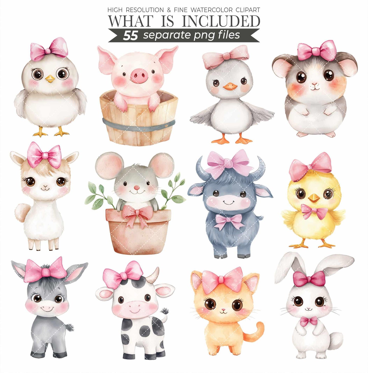 Watercolor Farm Clipart Set: Pink Barn, Animals (110 PNG Files) (Commercial Use) (Digital Download