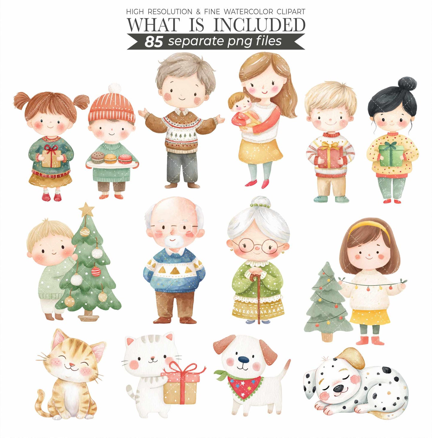 Christmas Clipart Bundle: Santa, Family, Pets Watercolor PNG (Commercial Use)