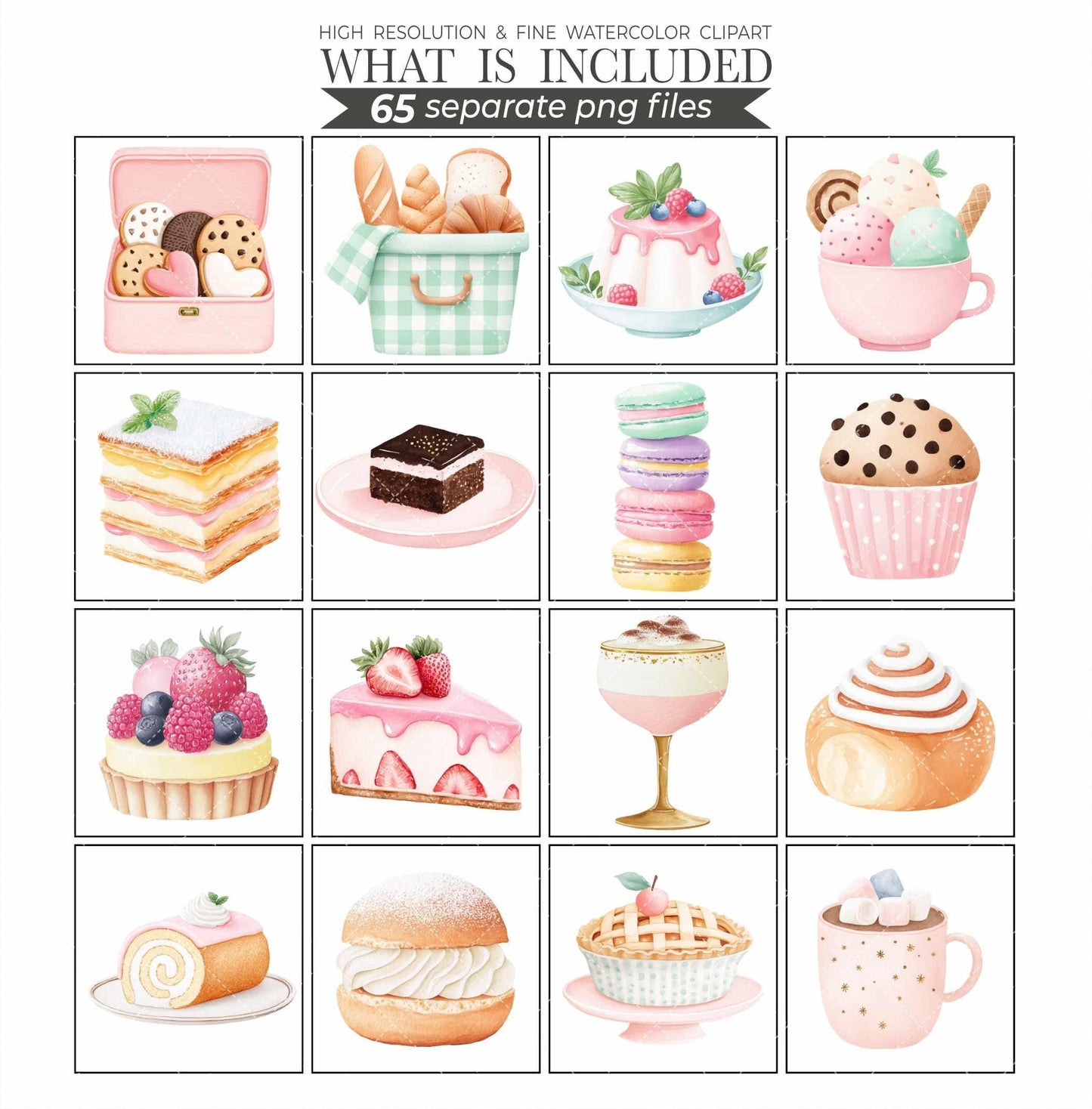 Watercolor Sweets Clipart Bundle: Pastel Candy, Cupcake, Ice Cream (PNG Files, Commercial Use)