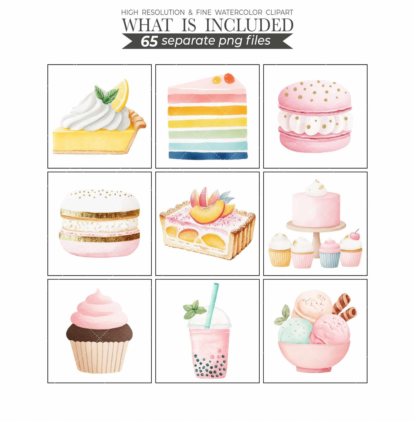 Watercolor Sweets Clipart Bundle: Pastel Candy, Cupcake, Ice Cream (PNG Files, Commercial Use)