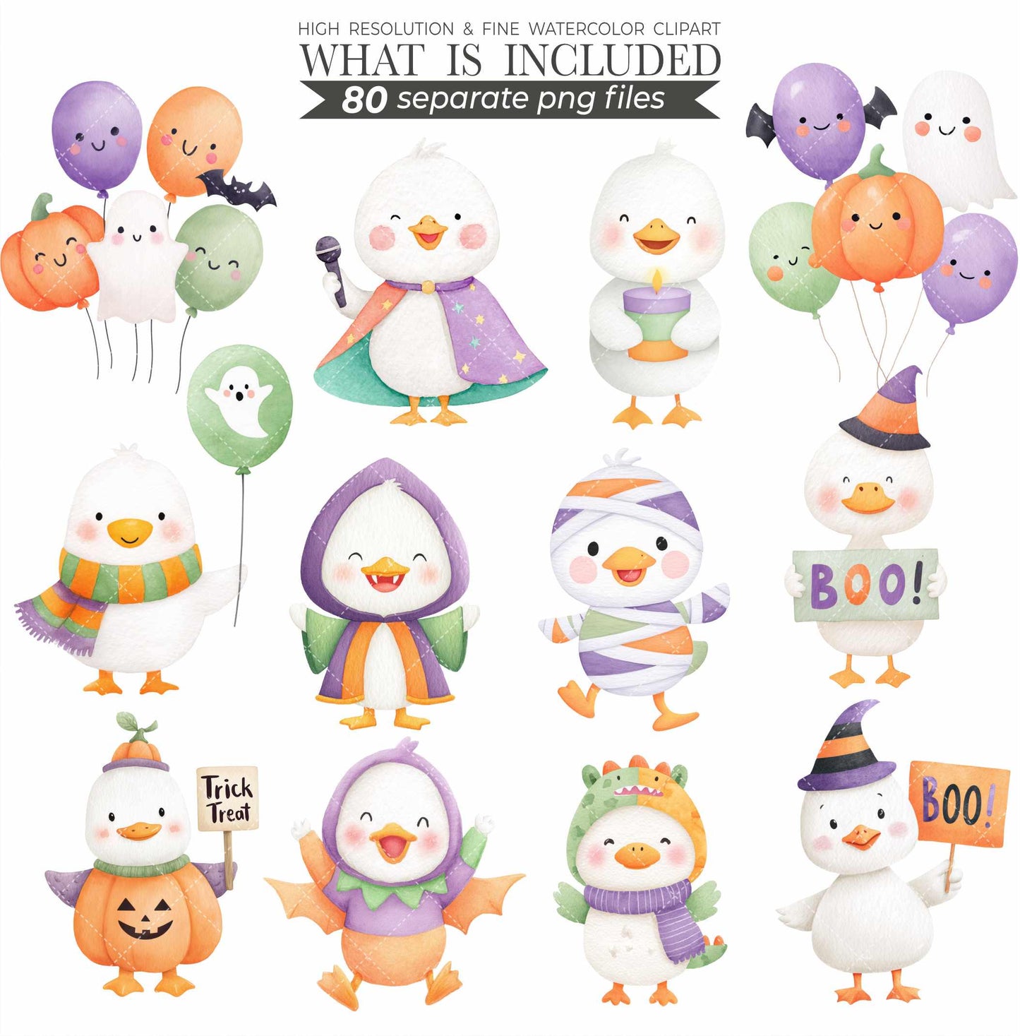 Watercolor Halloween Goose Clipart Set, Cute Spooky Geese PNG, Halloween Animals Clipart, Silly Goose Clipart, Whimsical Baby Shower Digital