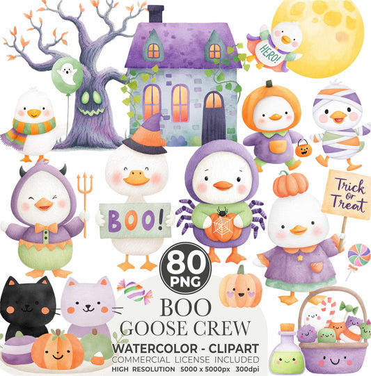 Watercolor Halloween Goose Clipart Set, Cute Spooky Geese PNG, Halloween Animals Clipart, Silly Goose Clipart, Whimsical Baby Shower Digital