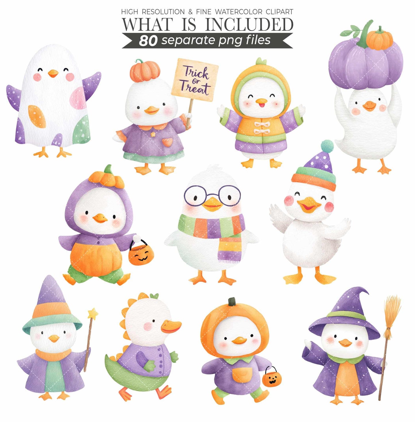 Watercolor Halloween Goose Clipart Set, Cute Spooky Geese PNG, Halloween Animals Clipart, Silly Goose Clipart, Whimsical Baby Shower Digital
