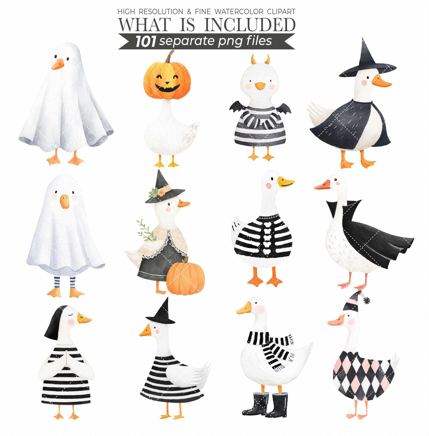 Watercolor Halloween Goose Clipart Set, Cute Spooky Geese PNG, Halloween Animals Clipart, Silly Goose Clipart, Whimsical Baby Shower Digital