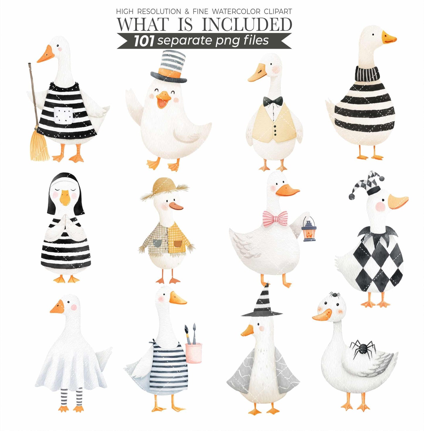 Watercolor Halloween Goose Clipart Set, Cute Spooky Geese PNG, Halloween Animals Clipart, Silly Goose Clipart, Whimsical Baby Shower Digital