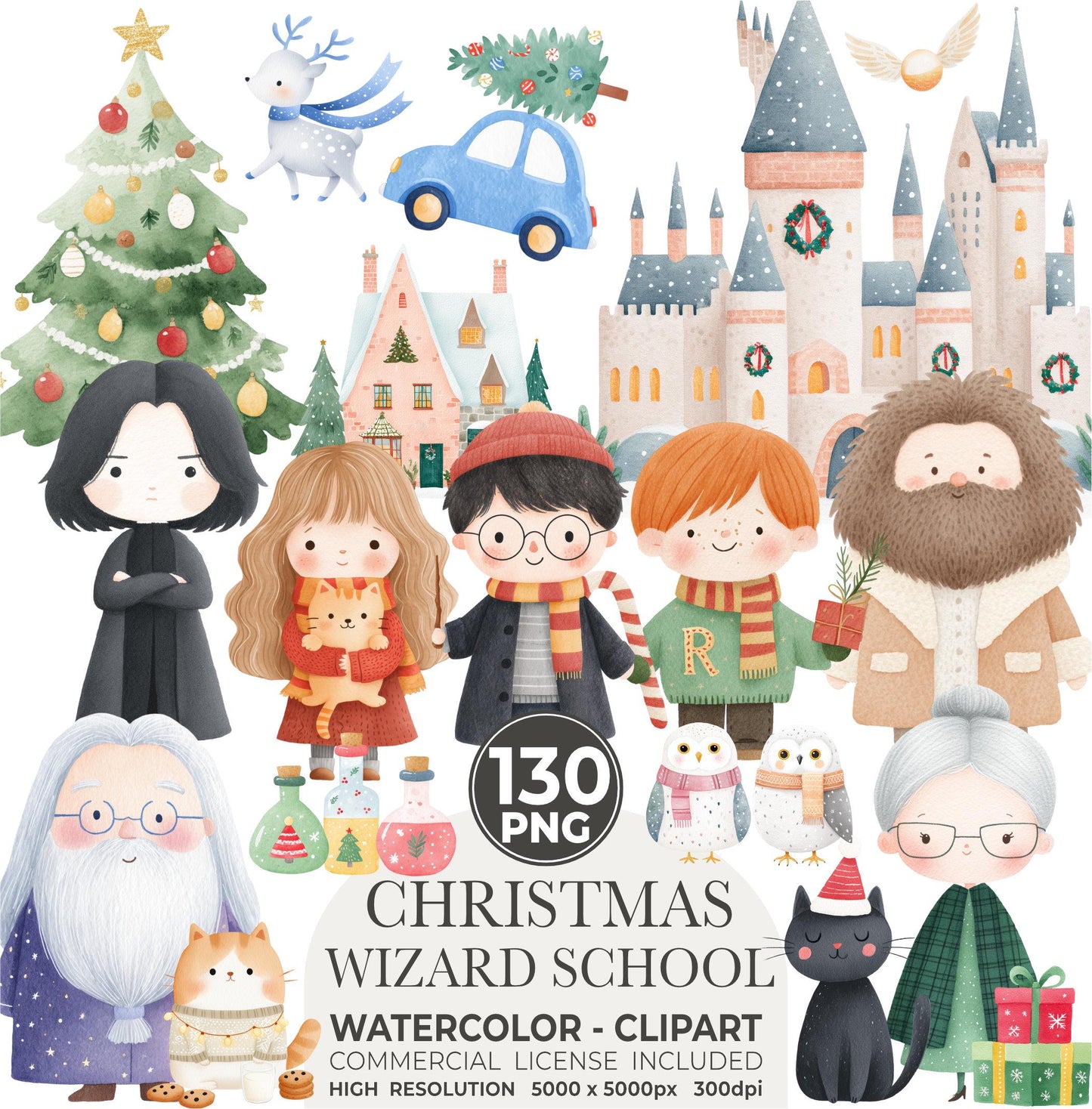 Watercolor Christmas Wizard School Clipart: New Year Nursery Decor (PNG Download)