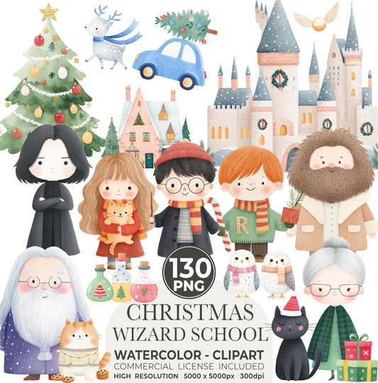 Watercolor Christmas Wizard School Clipart: New Year Nursery Decor (PNG Download)
