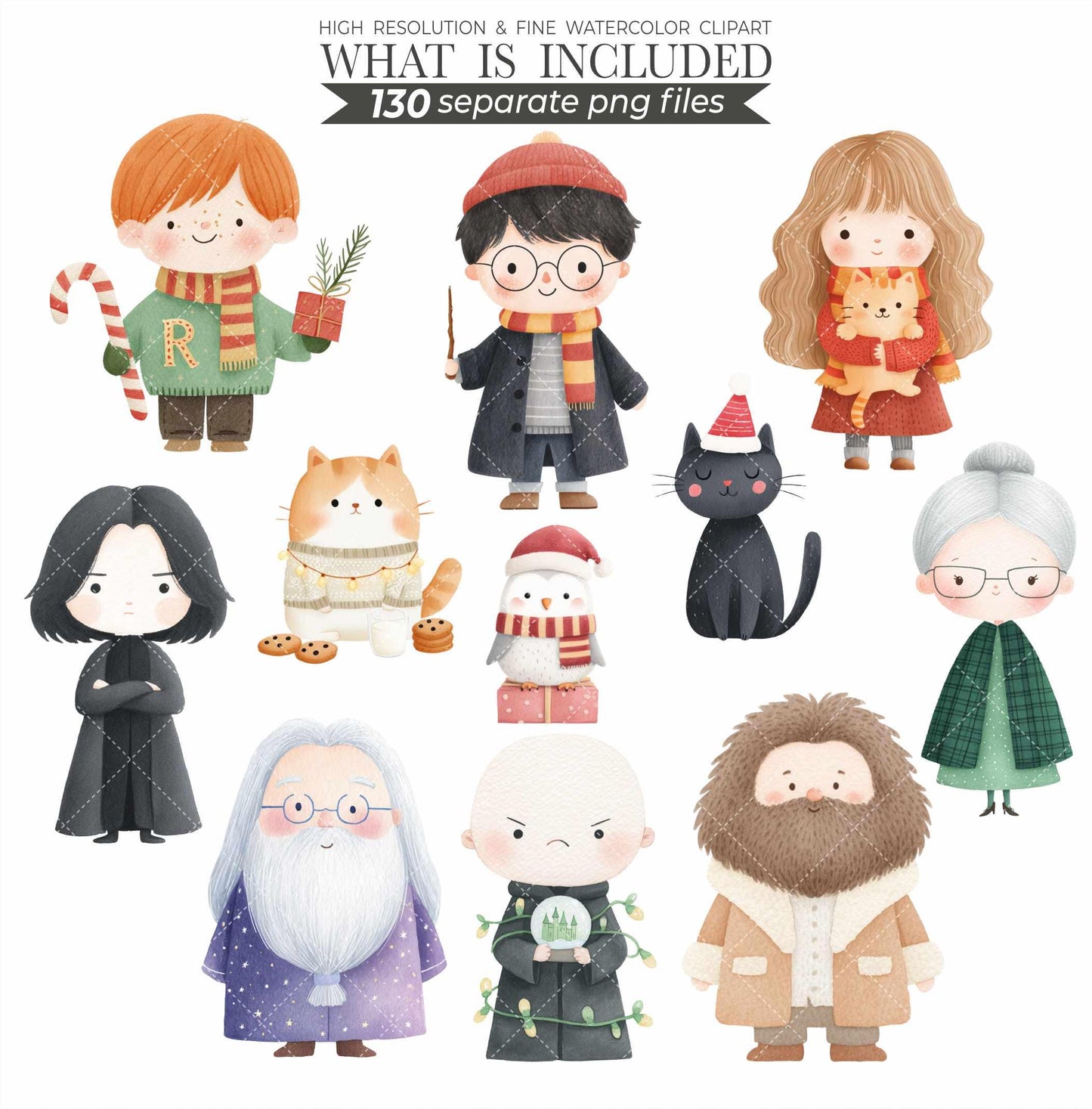 Watercolor Christmas Wizard School Clipart: New Year Nursery Decor (PNG Download)