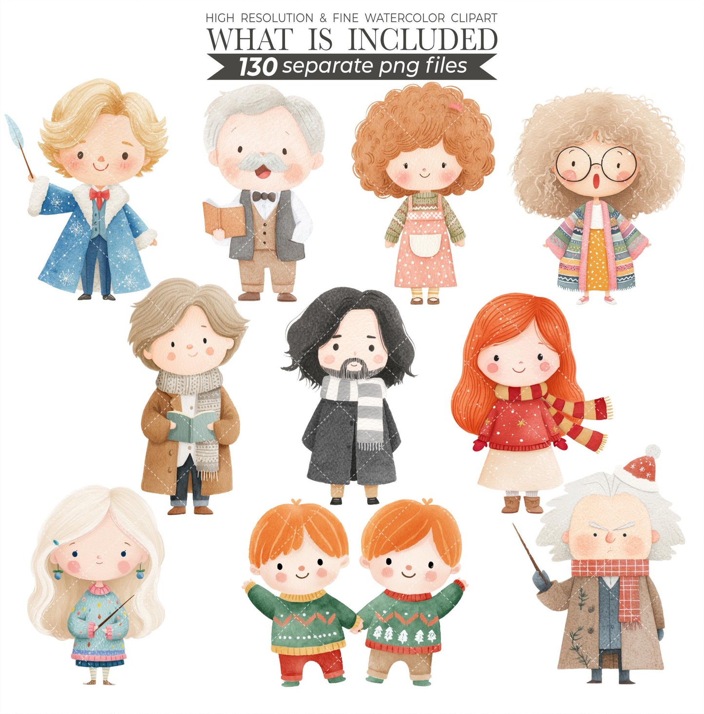 Watercolor Christmas Wizard School Clipart: New Year Nursery Decor (PNG Download)