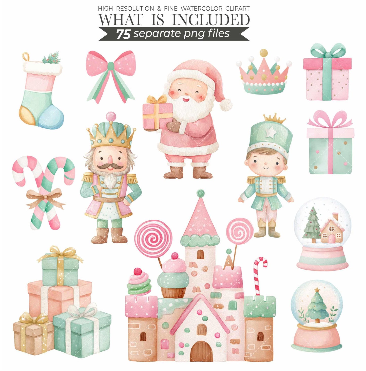 Mint and Pink Christmas Clipart: Watercolor Santa, Reindeer, Snowman (150 PNGs) (Commercial Use)