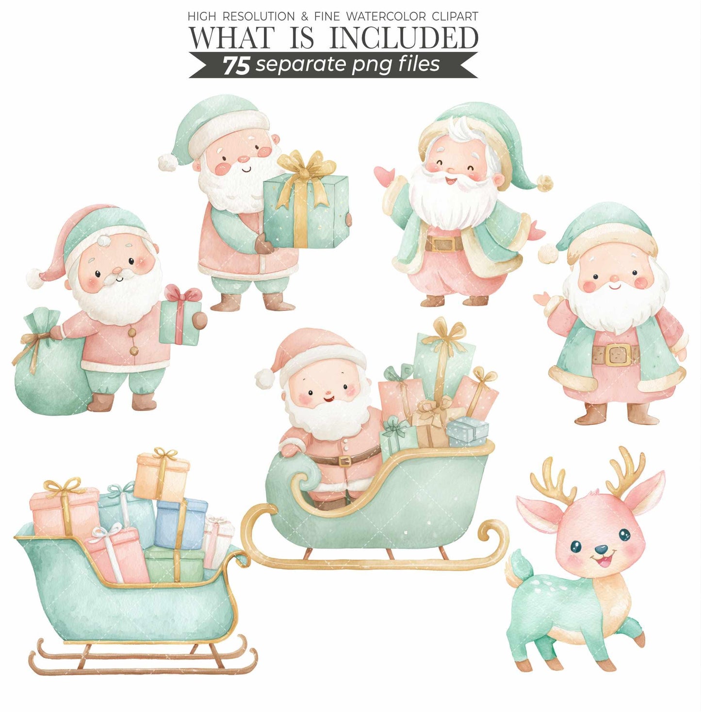 Mint and Pink Christmas Clipart: Watercolor Santa, Reindeer, Snowman (150 PNGs) (Commercial Use)