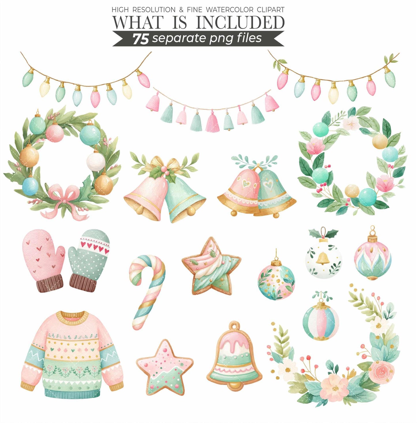 Mint and Pink Christmas Clipart: Watercolor Santa, Reindeer, Snowman (150 PNGs) (Commercial Use)