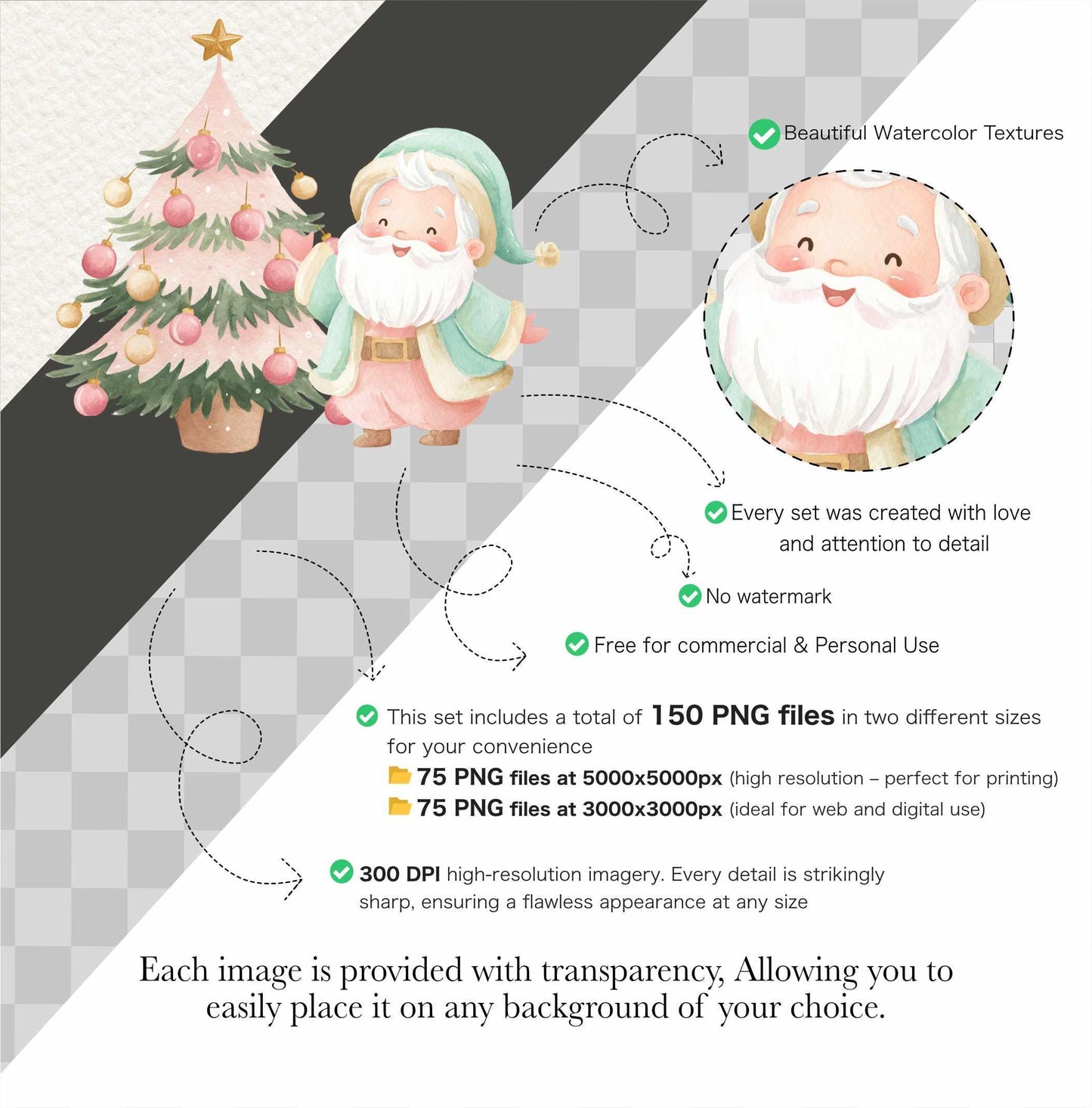 Mint and Pink Christmas Clipart: Watercolor Santa, Reindeer, Snowman (150 PNGs) (Commercial Use)