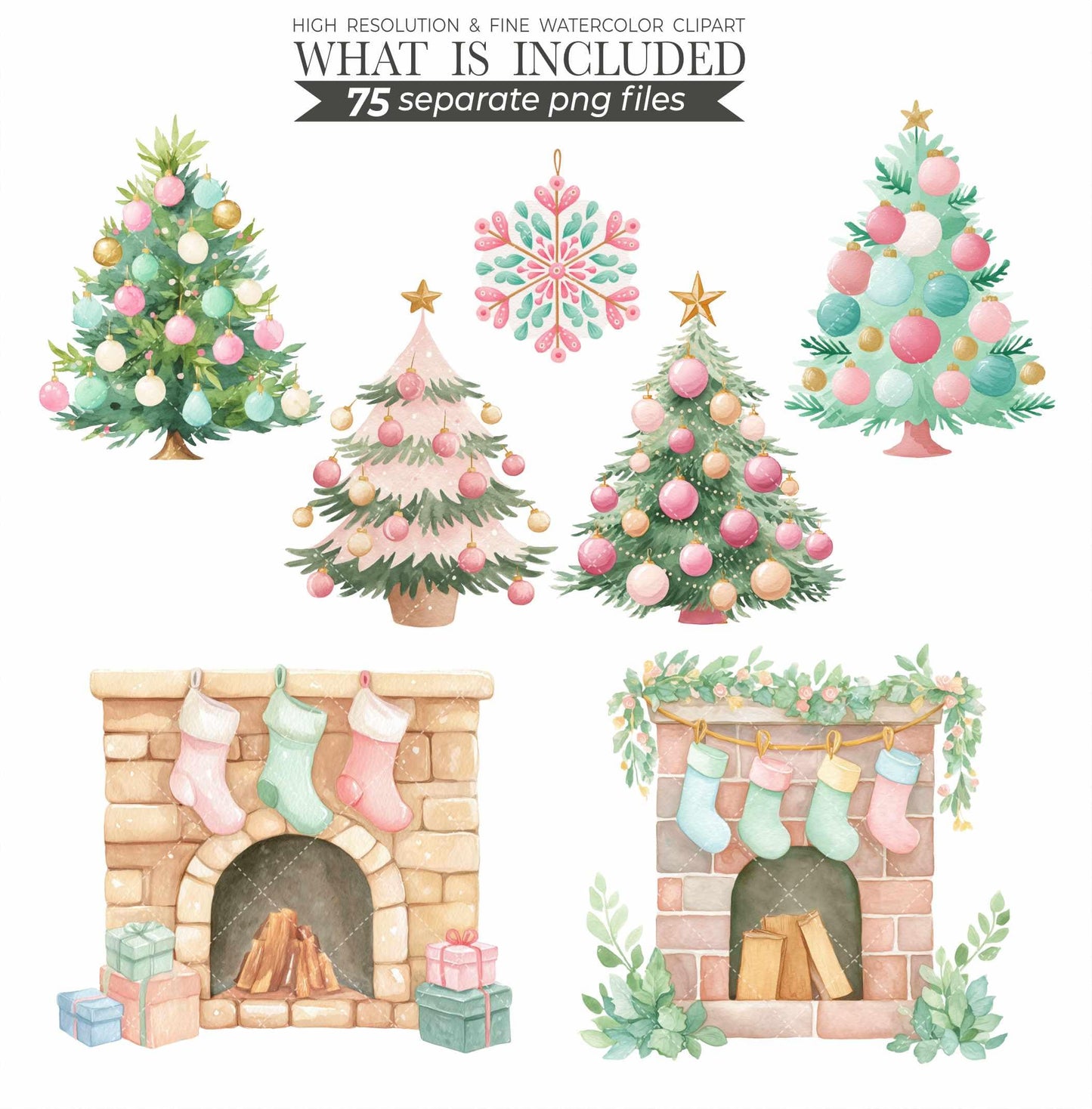 Mint and Pink Christmas Clipart: Watercolor Santa, Reindeer, Snowman (150 PNGs) (Commercial Use)