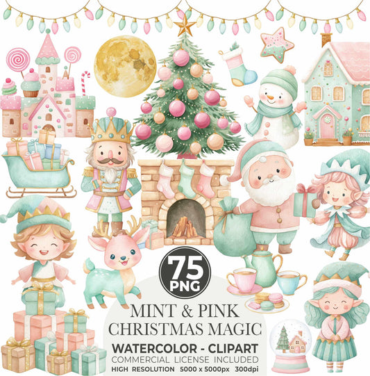 Mint and Pink Christmas Clipart: Watercolor Santa, Reindeer, Snowman (150 PNGs) (Commercial Use)