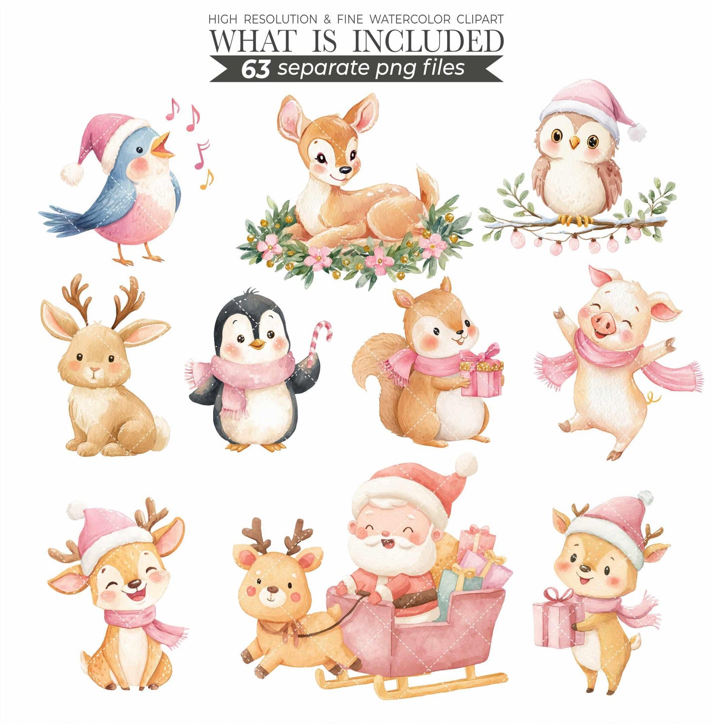 Blush Christmas Clipart: Watercolor Santa, Reindeer, Snowman (126 PNGs) (Commercial Use)