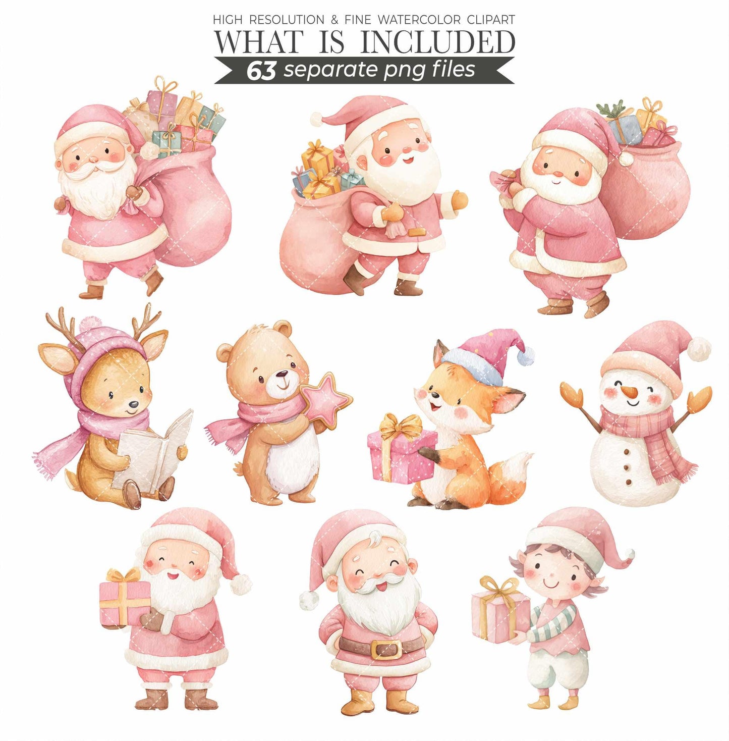 Blush Christmas Clipart: Watercolor Santa, Reindeer, Snowman (126 PNGs) (Commercial Use)