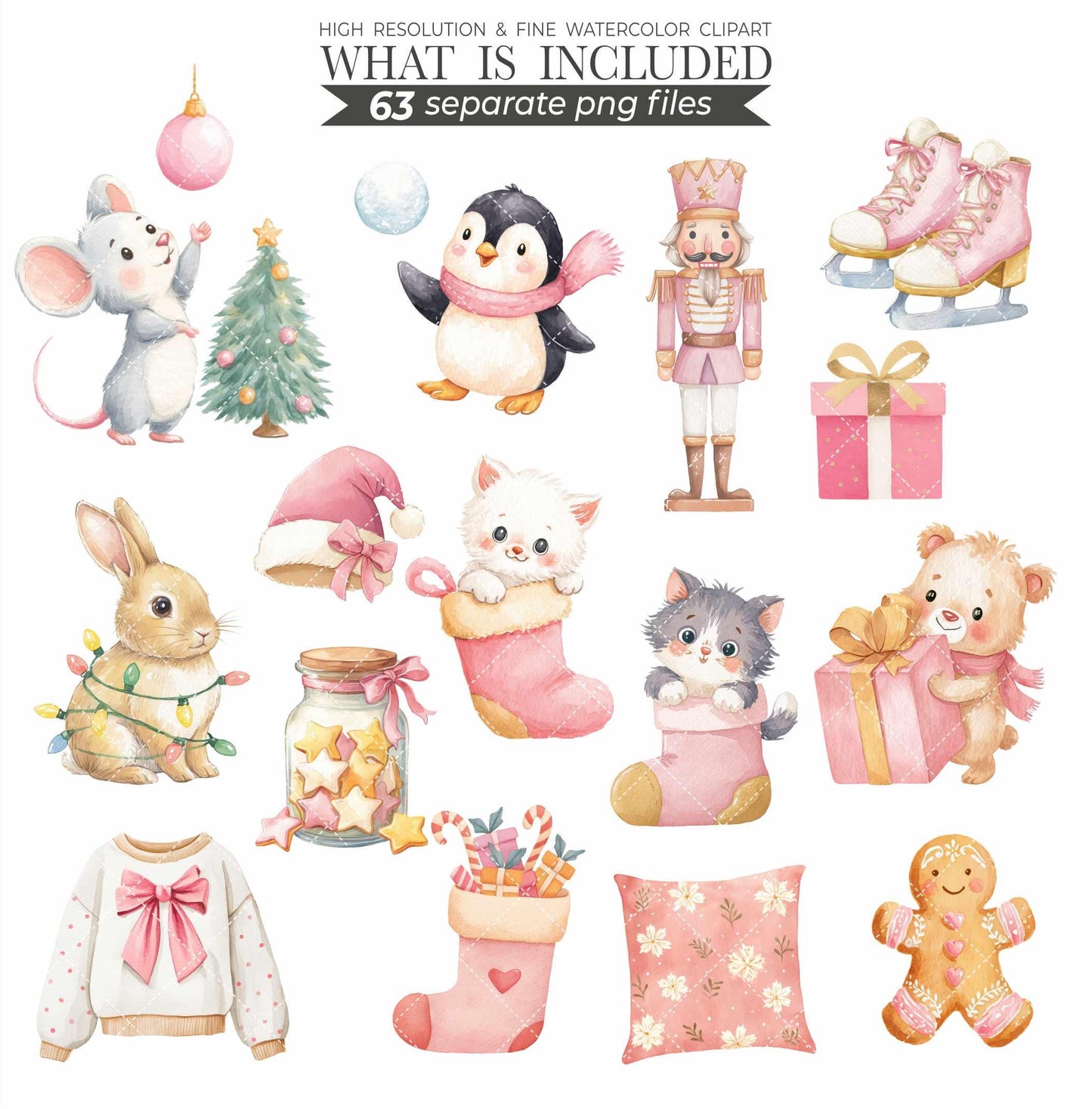 Blush Christmas Clipart: Watercolor Santa, Reindeer, Snowman (126 PNGs) (Commercial Use)