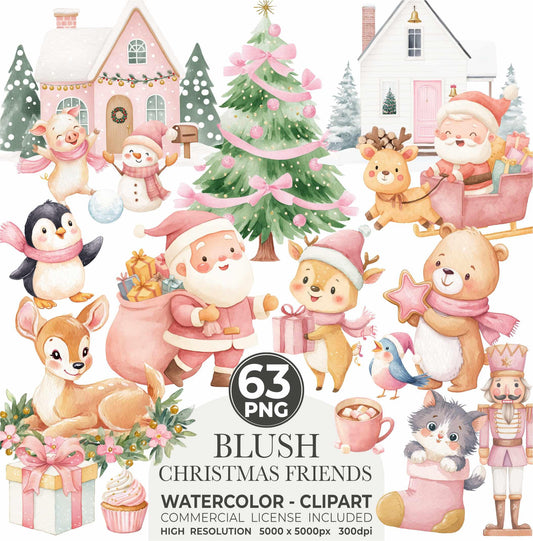 Blush Christmas Clipart: Watercolor Santa, Reindeer, Snowman (126 PNGs) (Commercial Use)