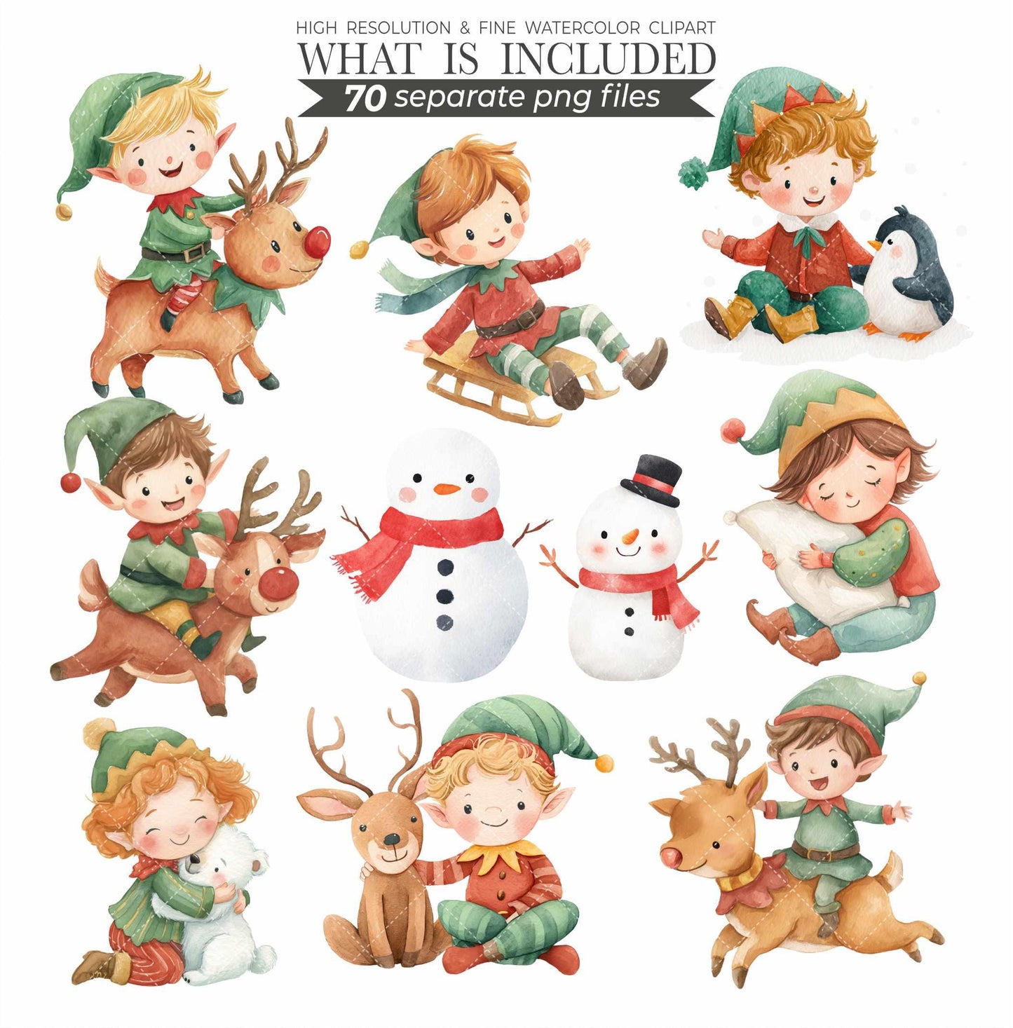 Christmas Elf Watercolor Clipart: Holiday PNG Images (Digital Download, Commercial Use, 140 Files)