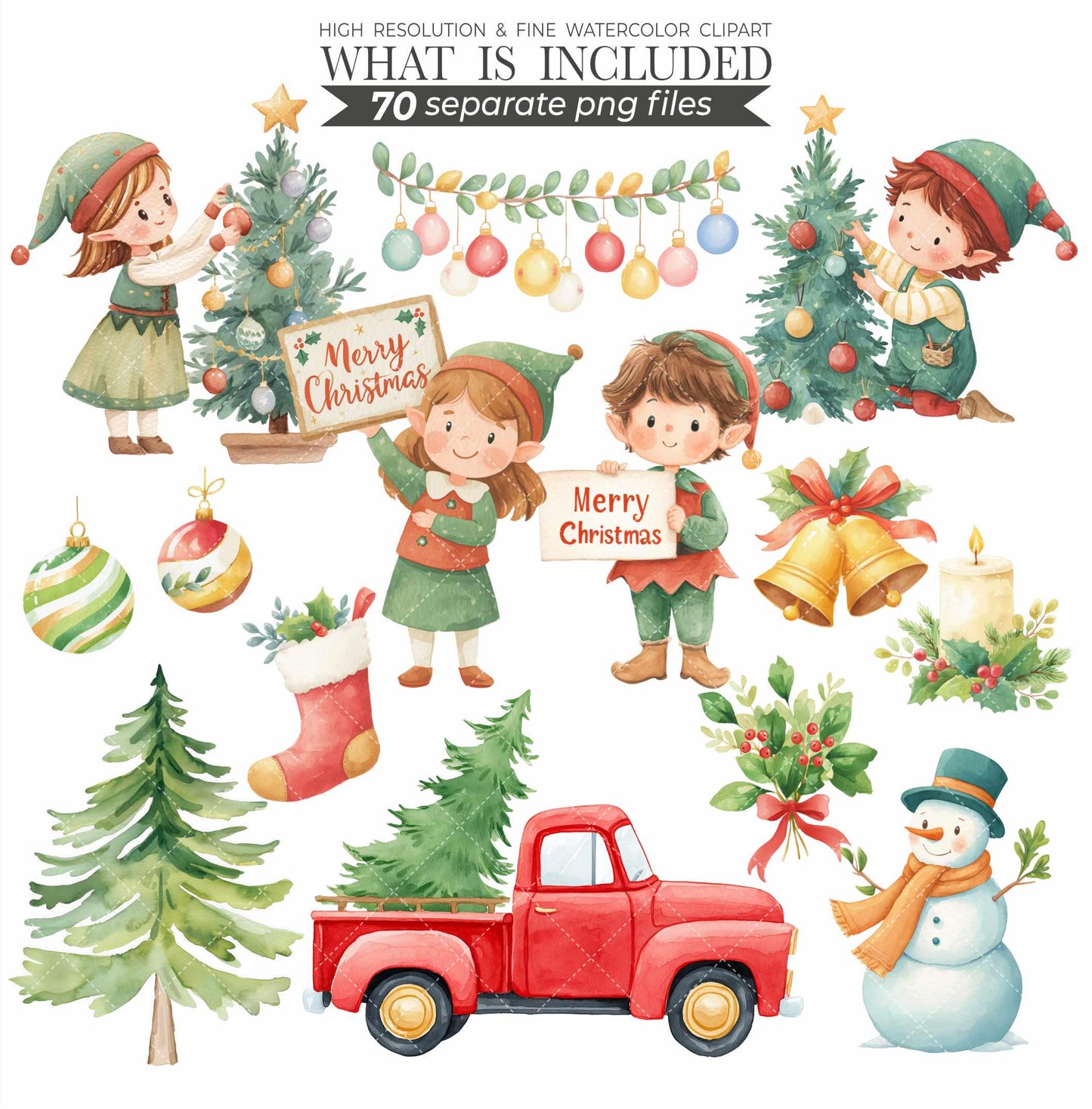 Christmas Elf Watercolor Clipart: Holiday PNG Images (Digital Download, Commercial Use, 140 Files)
