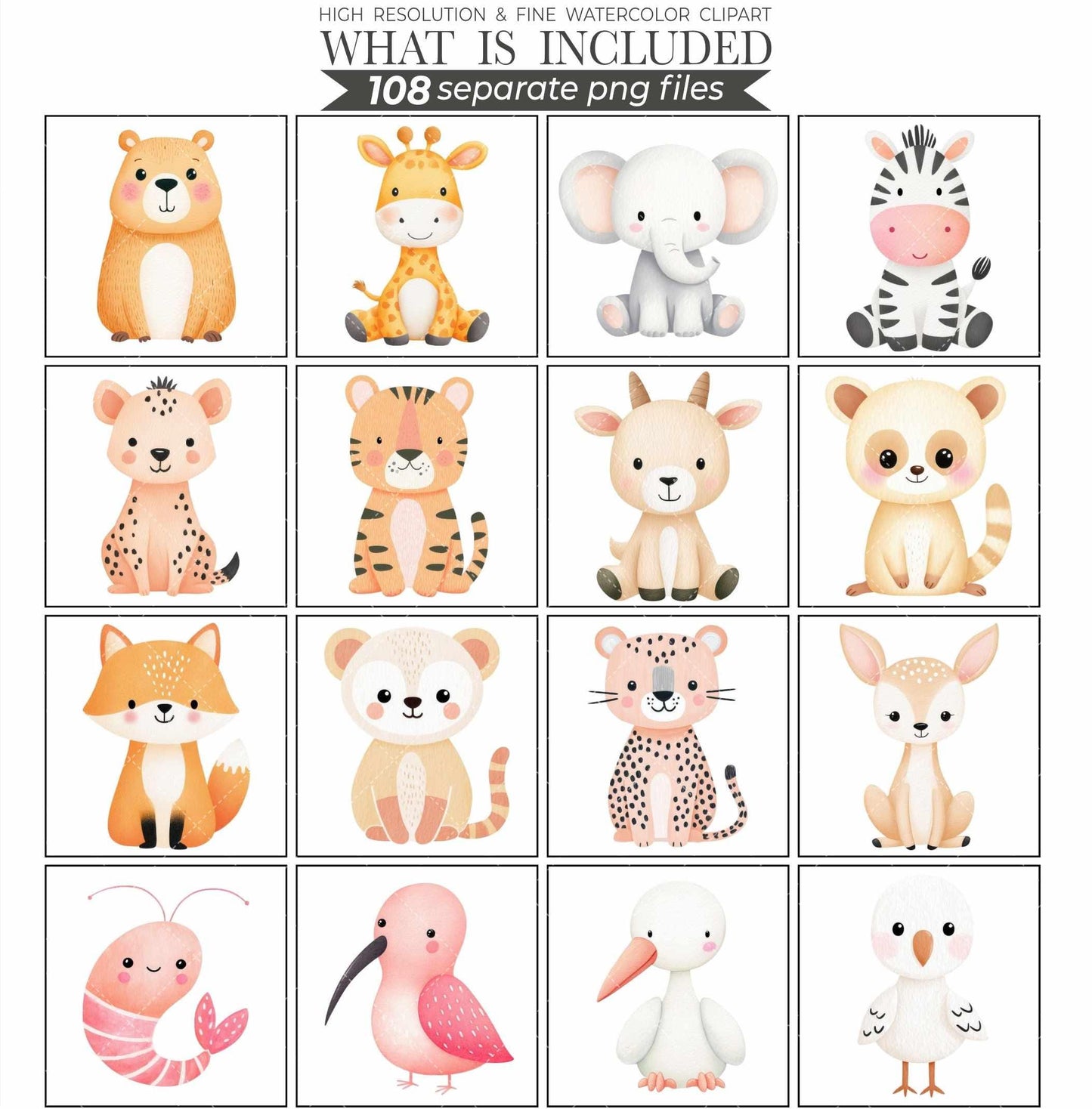 Watercolor Baby Animals Clipart Bundle Nursery Art PNG (Digital Download)