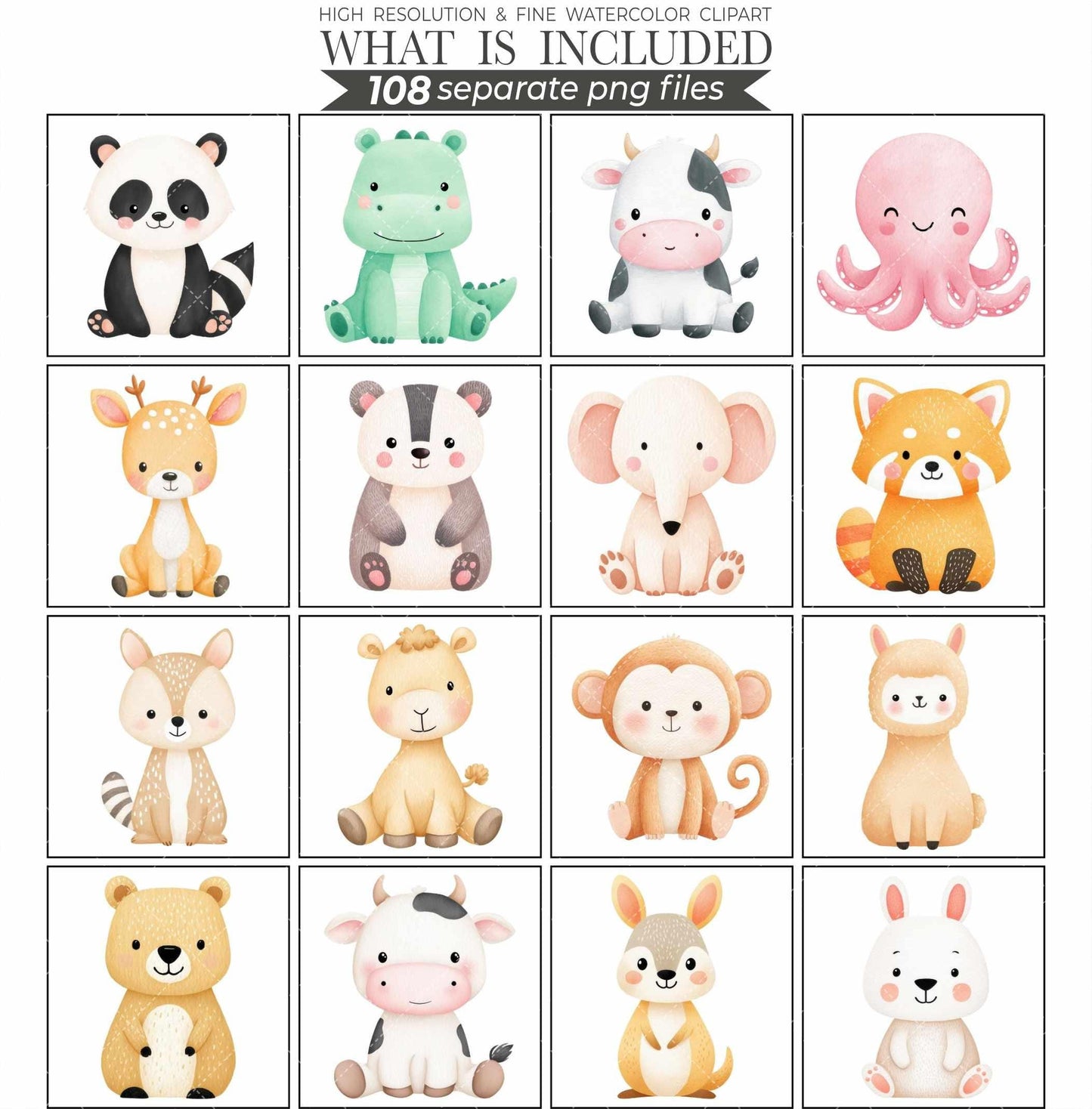 Watercolor Baby Animals Clipart Bundle Nursery Art PNG (Digital Download)