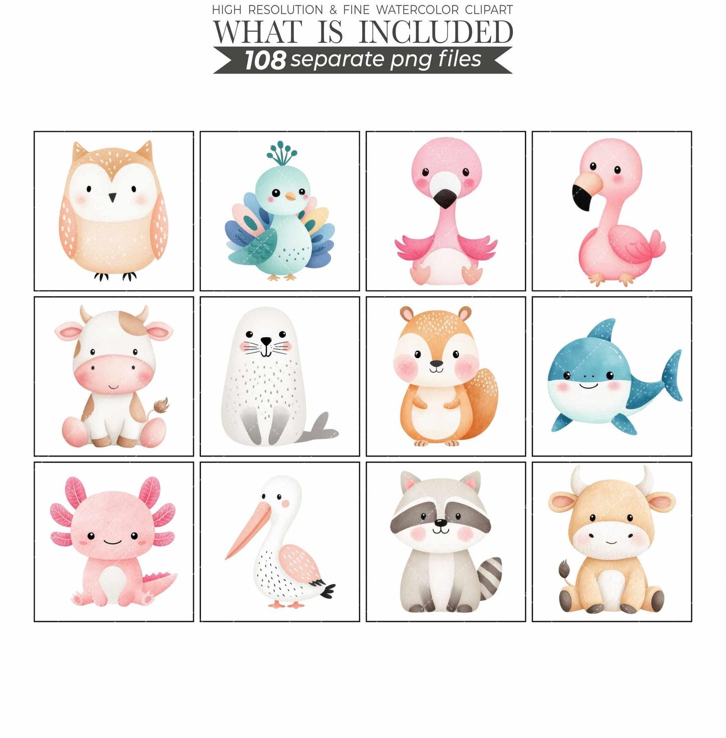 Watercolor Baby Animals Clipart Bundle Nursery Art PNG (Digital Download)
