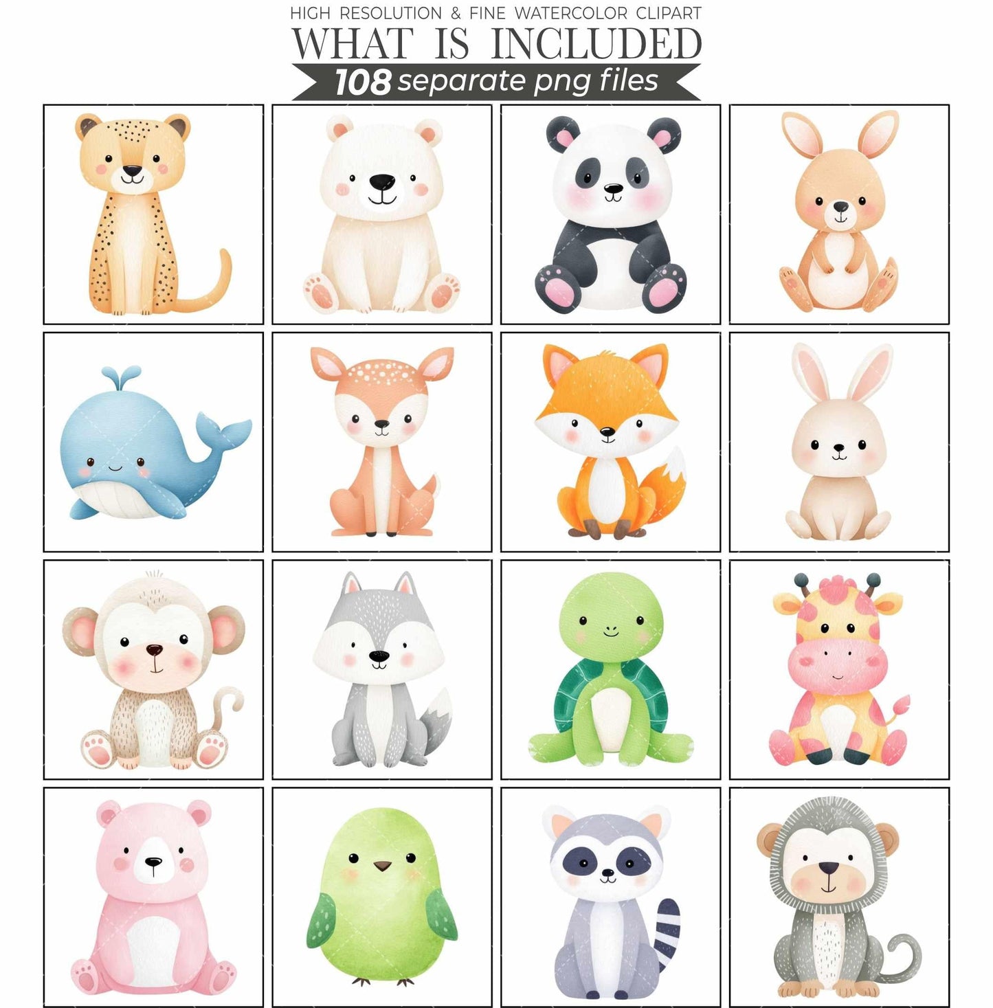 Watercolor Baby Animals Clipart Bundle Nursery Art PNG (Digital Download)