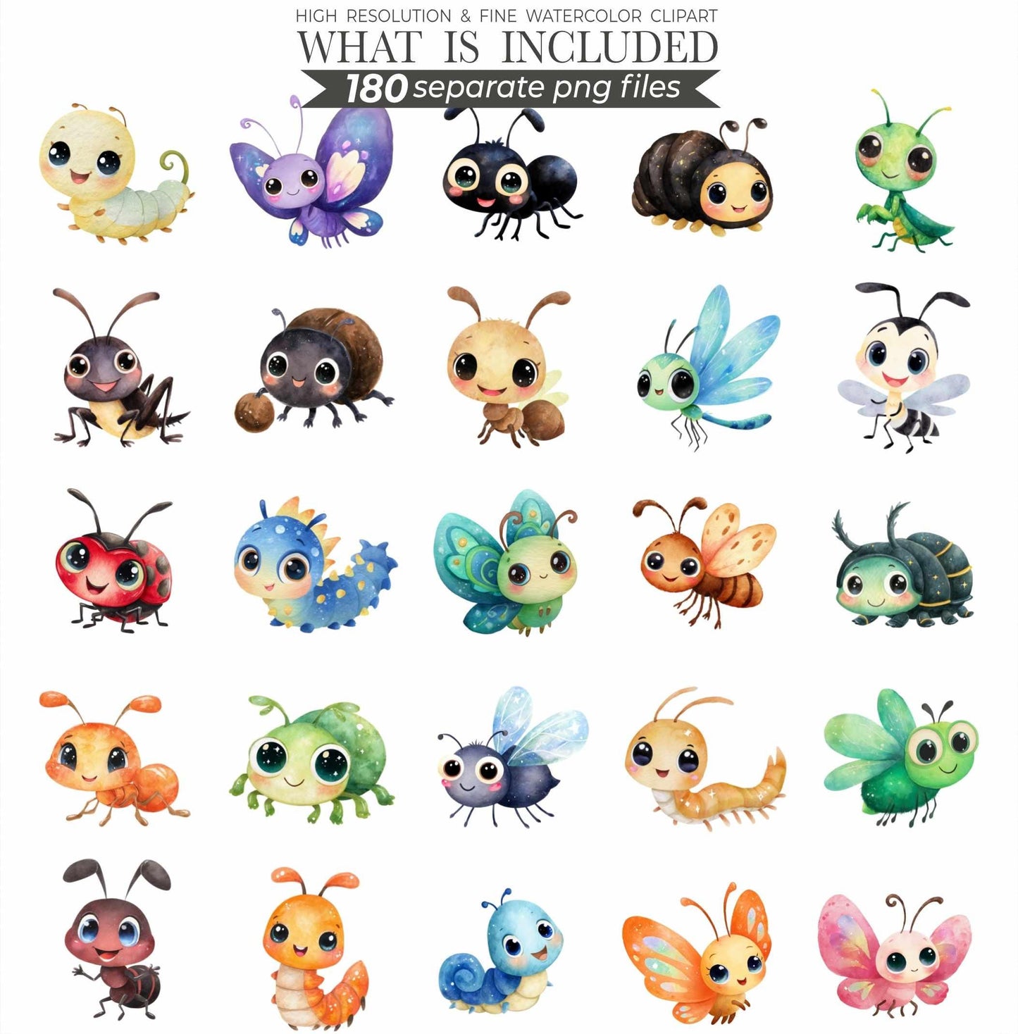 Cute Little Love Bugs Clipart, Insects Clipart, Spring Clip Art Bundle, Garden Creatures Clipart, Bee Watercolor Clipart, Bug Birthday Png