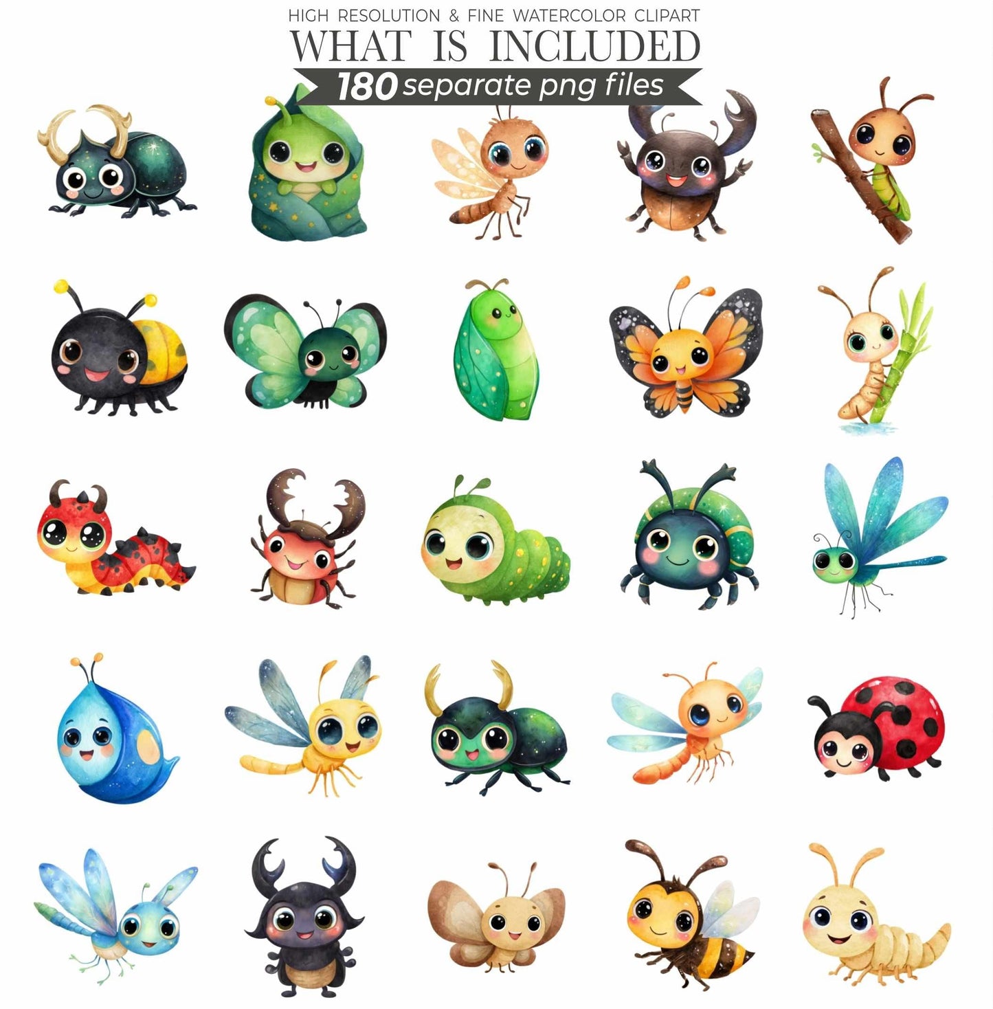 Cute Little Love Bugs Clipart, Insects Clipart, Spring Clip Art Bundle, Garden Creatures Clipart, Bee Watercolor Clipart, Bug Birthday Png