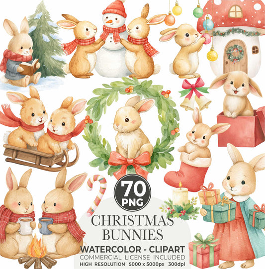 Christmas Bunny Watercolor Clipart: Festive Holiday Graphics (Digital Download, Commercial Use)