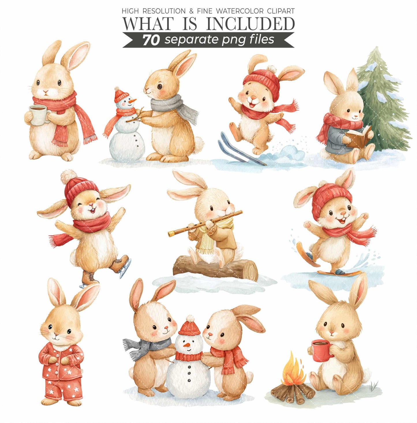 Christmas Bunny Watercolor Clipart: Festive Holiday Graphics (Digital Download, Commercial Use)
