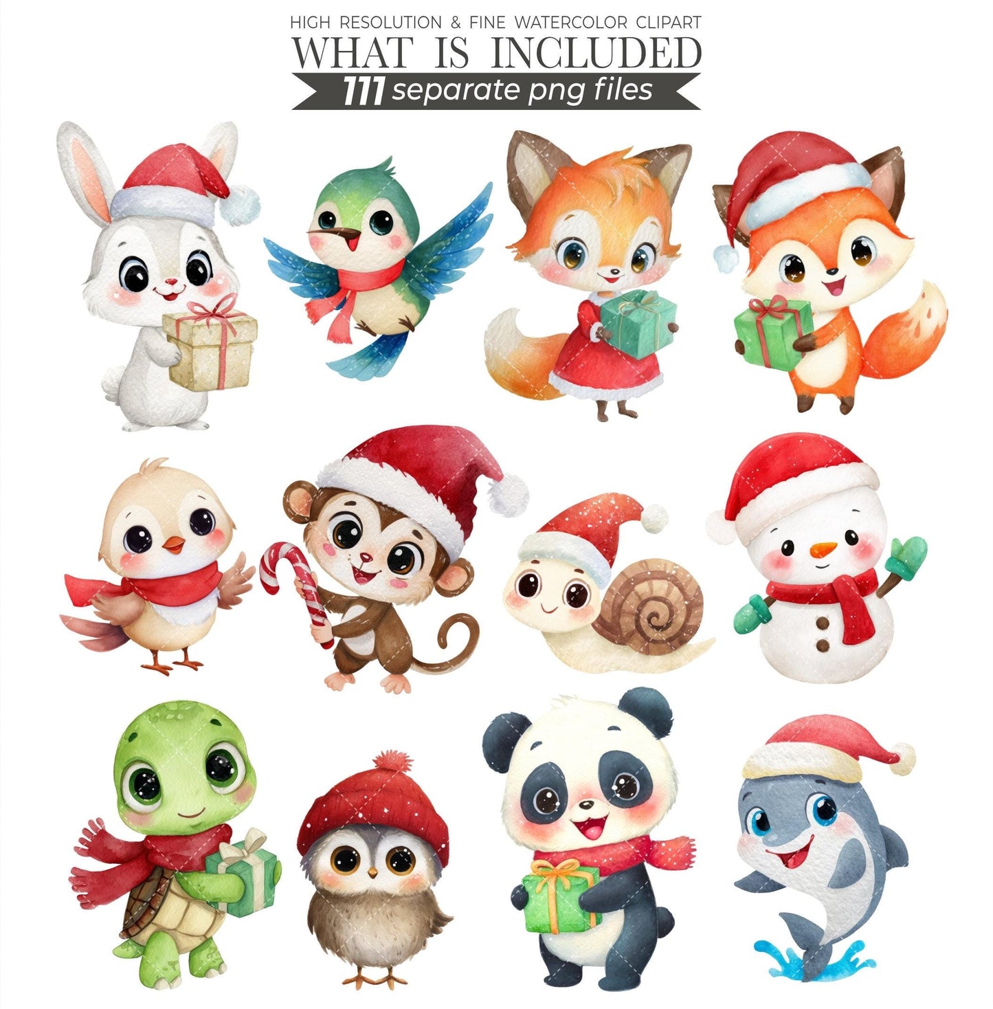 Watercolor Christmas Animals Clipart: Winter Woodland PNG Bundle (Digital Download)