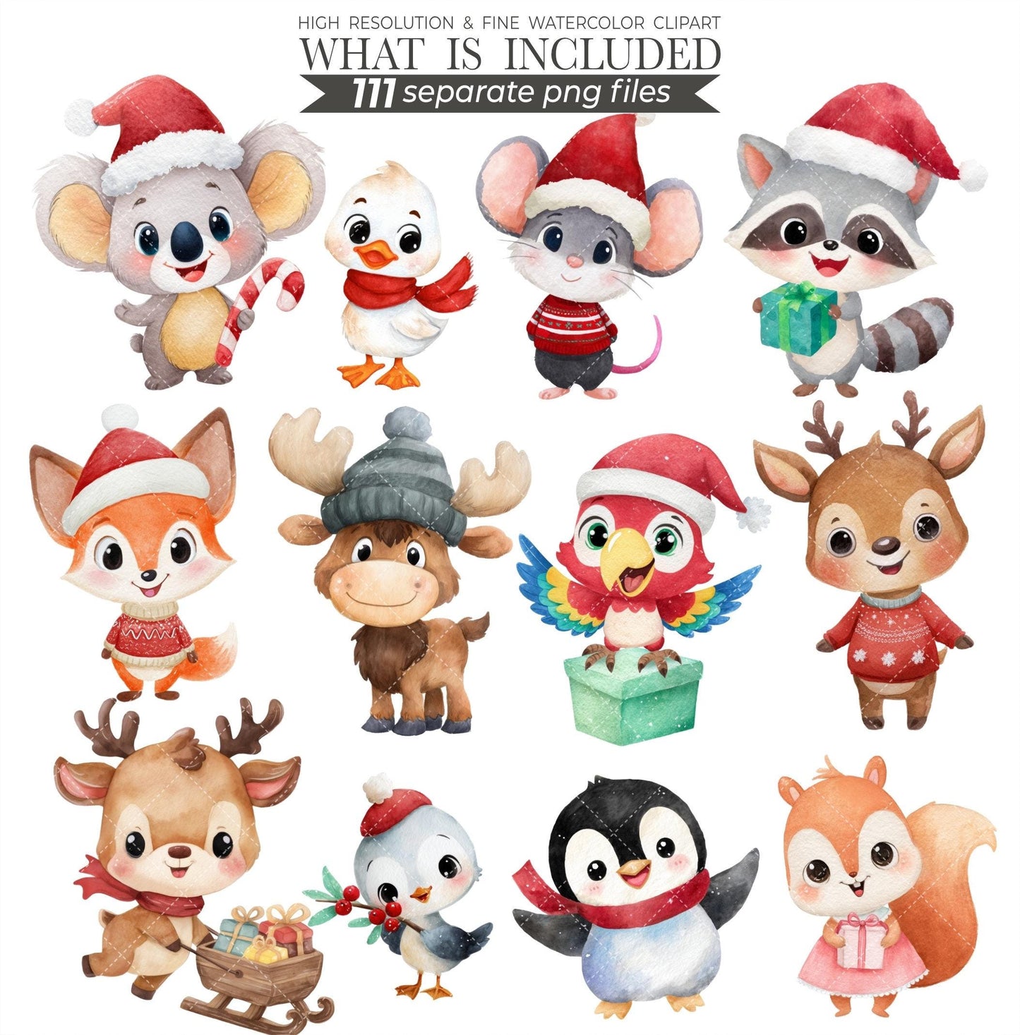 Watercolor Christmas Animals Clipart: Winter Woodland PNG Bundle (Digital Download)