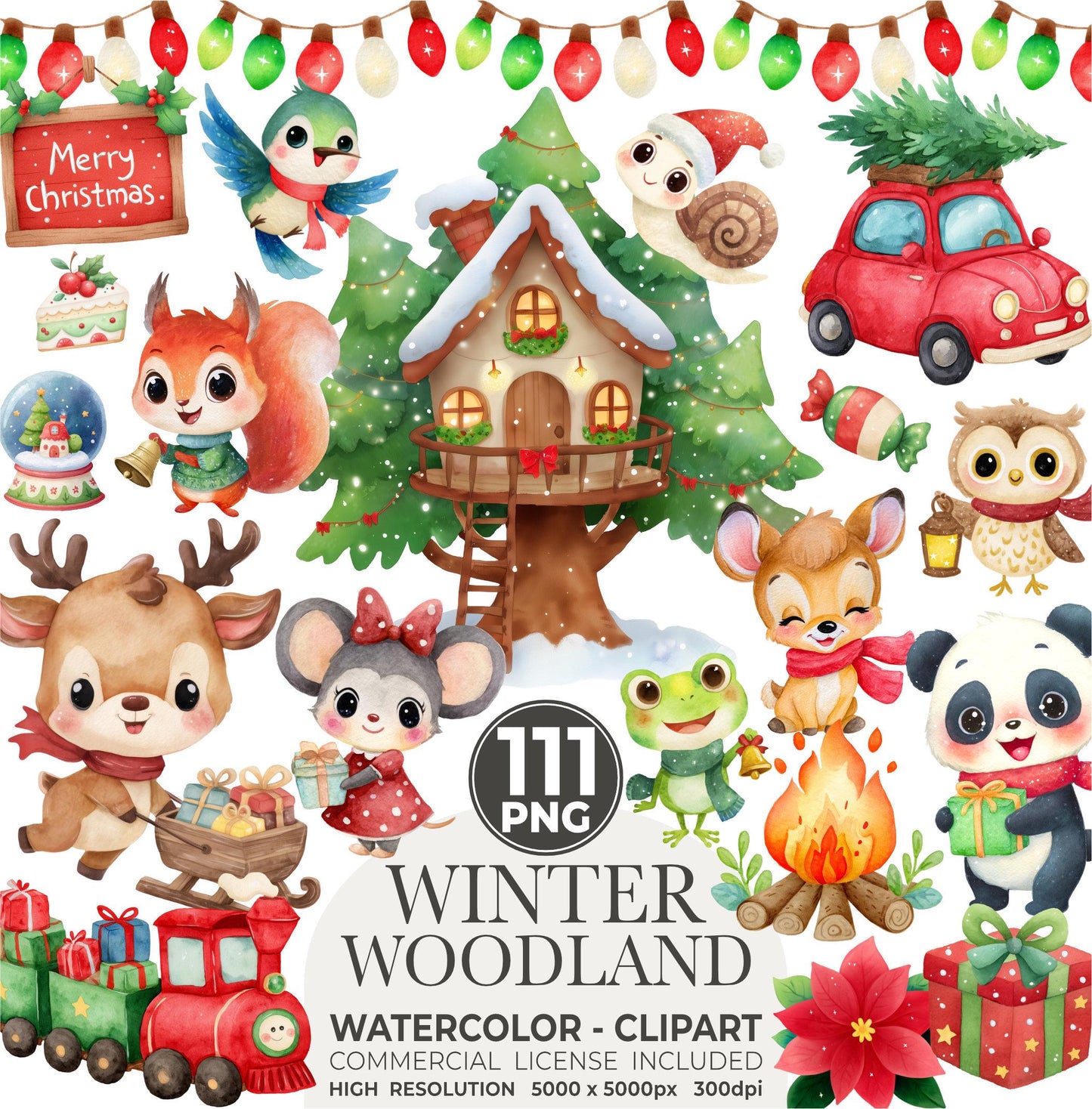 Watercolor Christmas Animals Clipart: Winter Woodland PNG Bundle (Digital Download)
