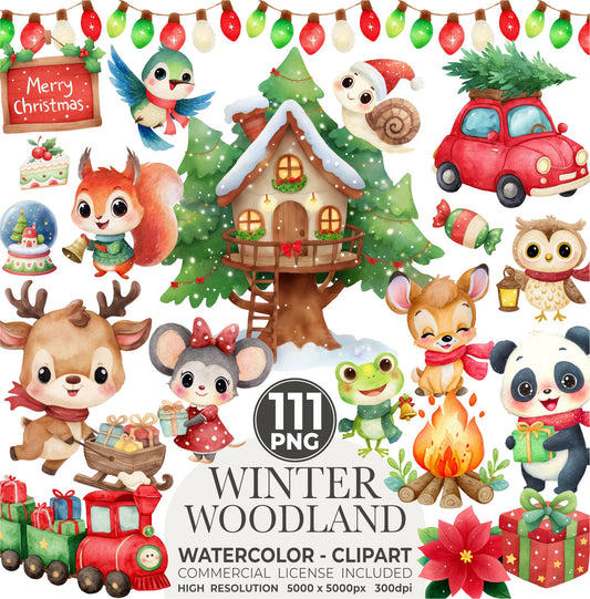 Watercolor Christmas Animals Clipart: Winter Woodland PNG Bundle (Digital Download)
